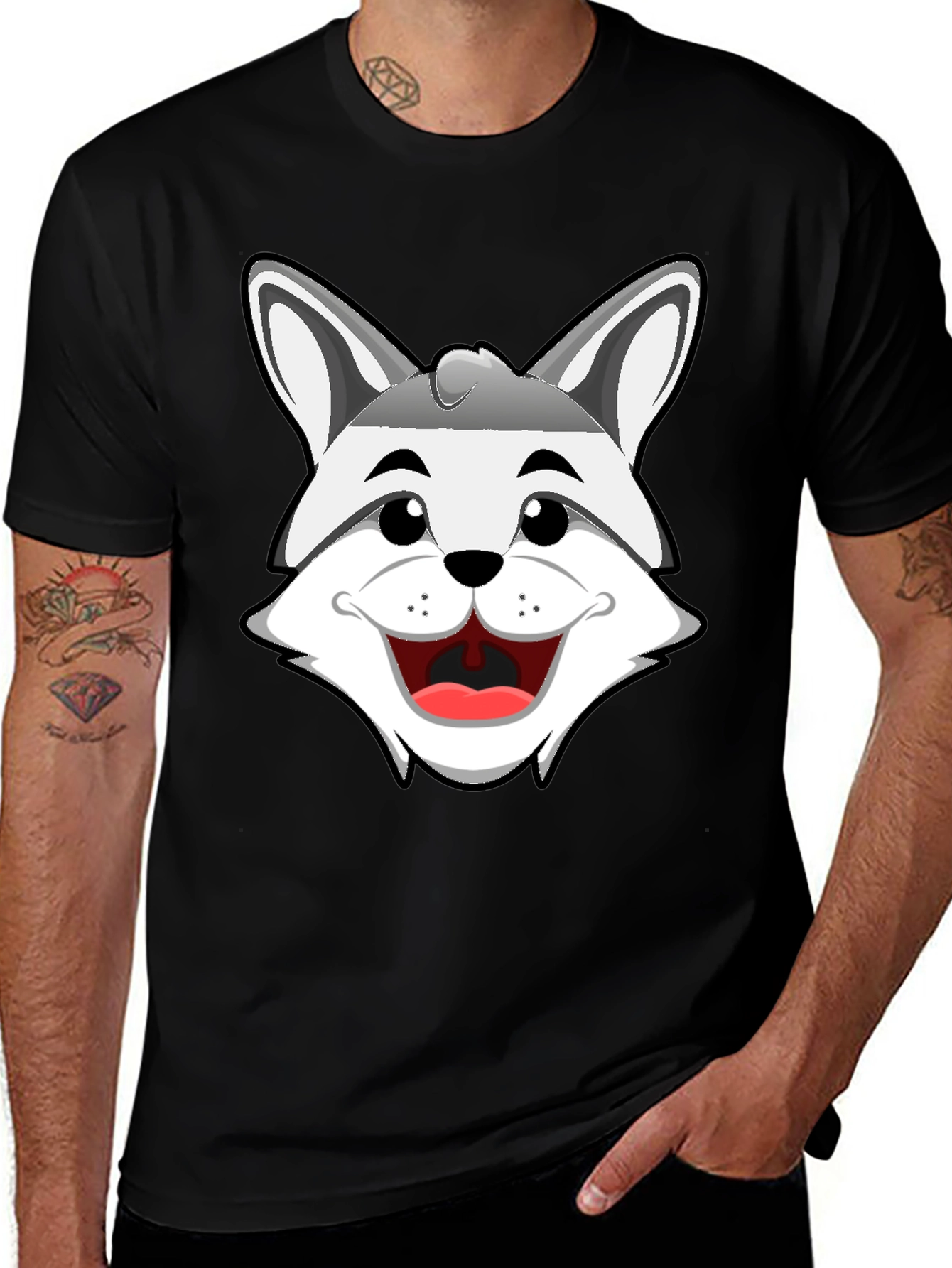 Variant 4 of Cartoon Wolf Graphic T-Shirt - Black Crew Neck Tee