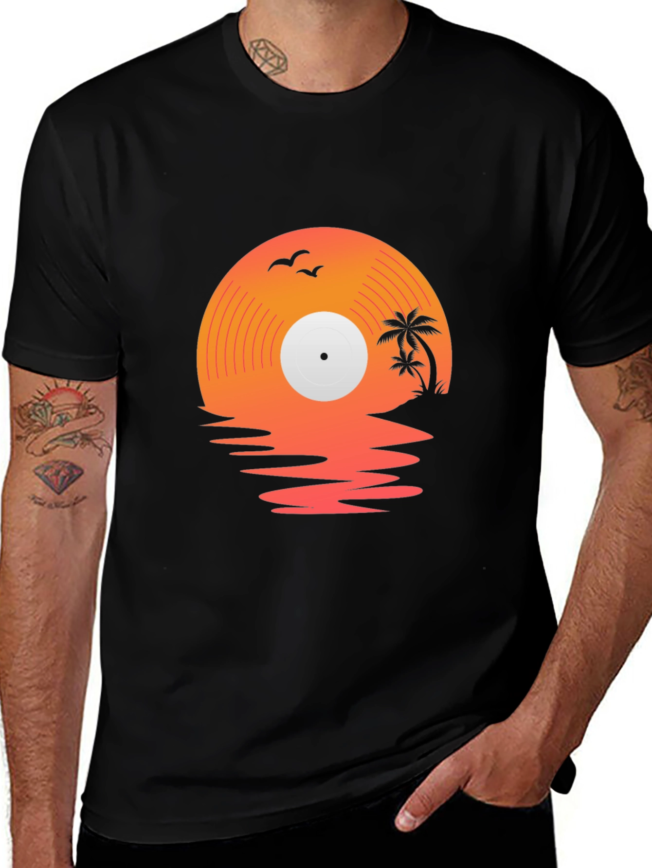 Variant 30 of Sunset Vinyl Record T-Shirt - Tropical Island Design