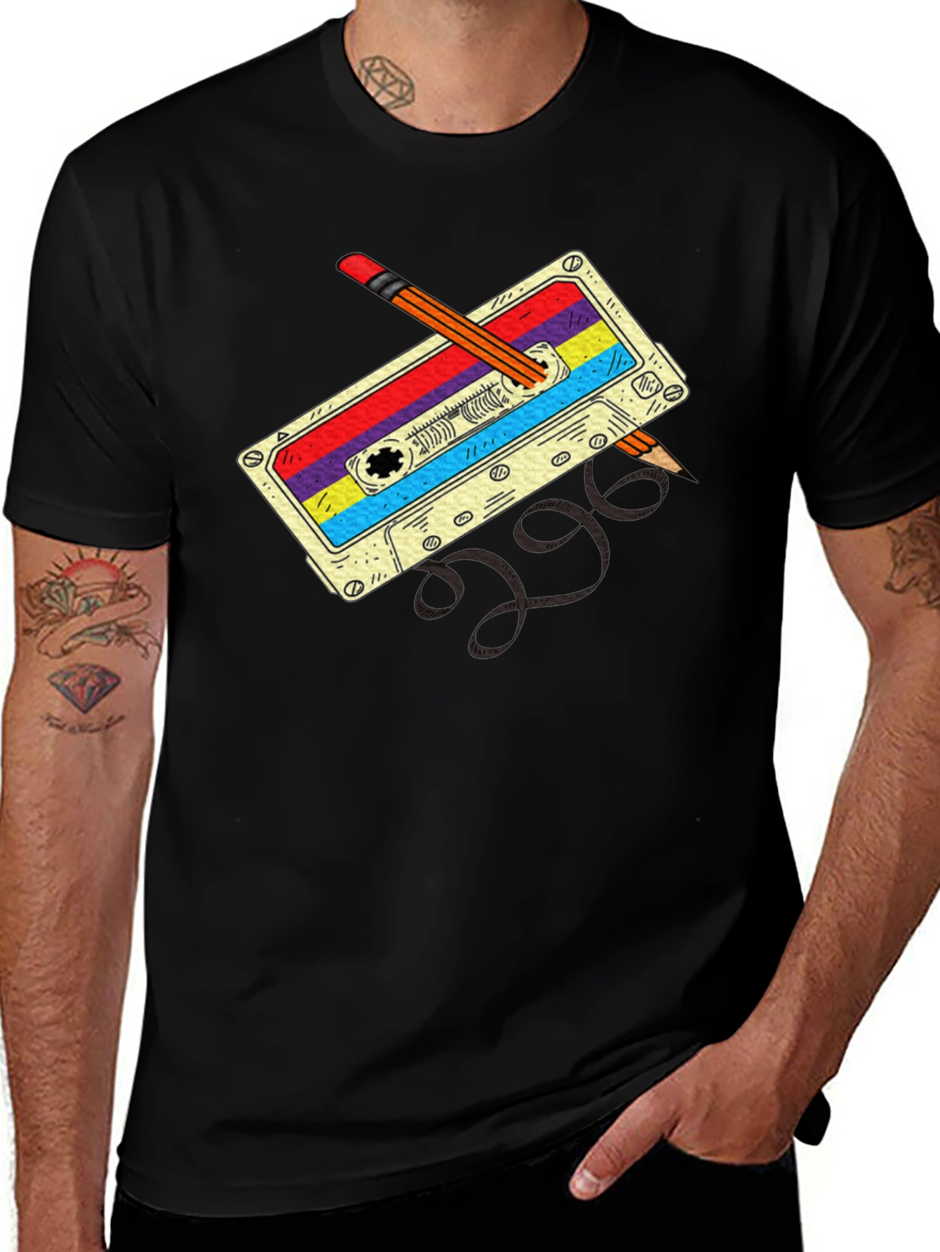 Variant 3 of Retro Cassette & Pencil Black T-Shirt