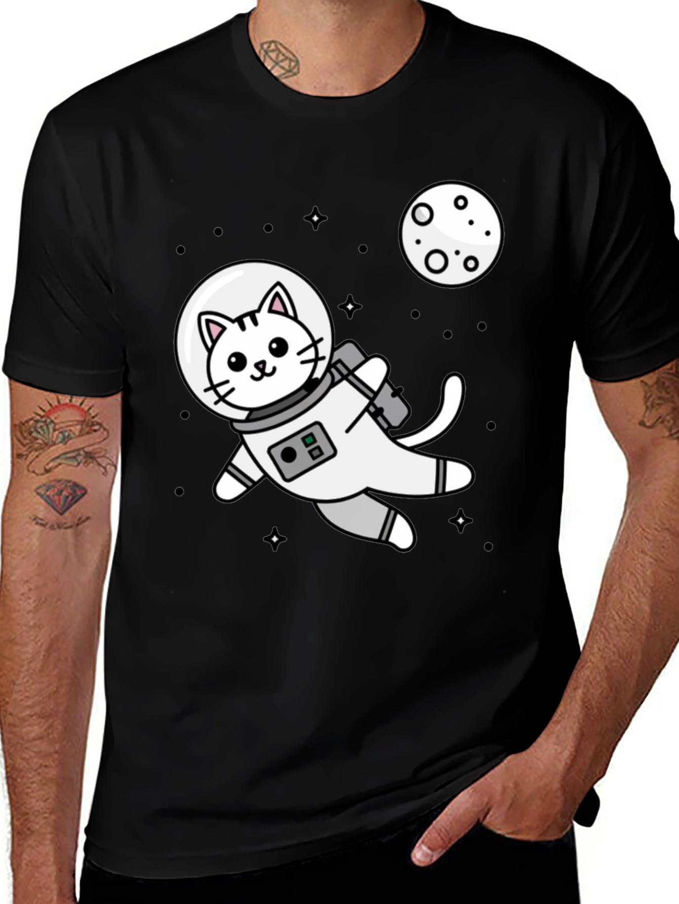 Variant 26 of Astronaut Cat Black T-Shirt - Space Lover Tee