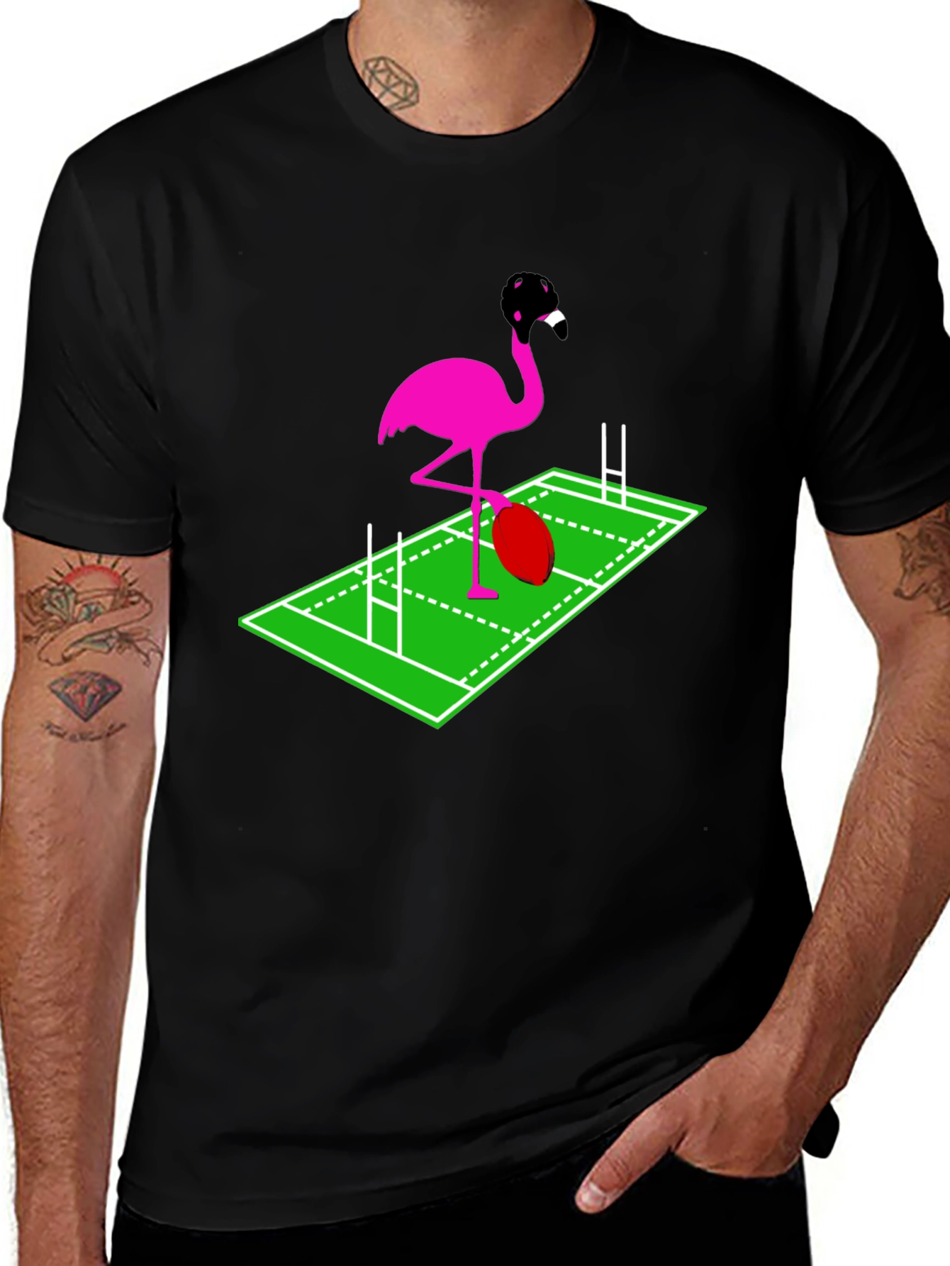 Variant 7 of Rugby Flamingo Graphic Tee - Black Cotton T-Shirt