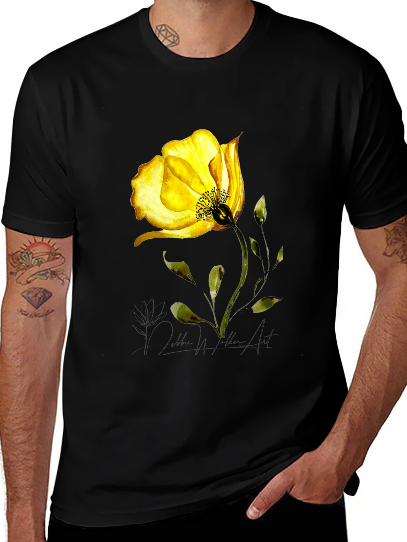 Variant 19 of Yellow Flower Graphic Black T-Shirt