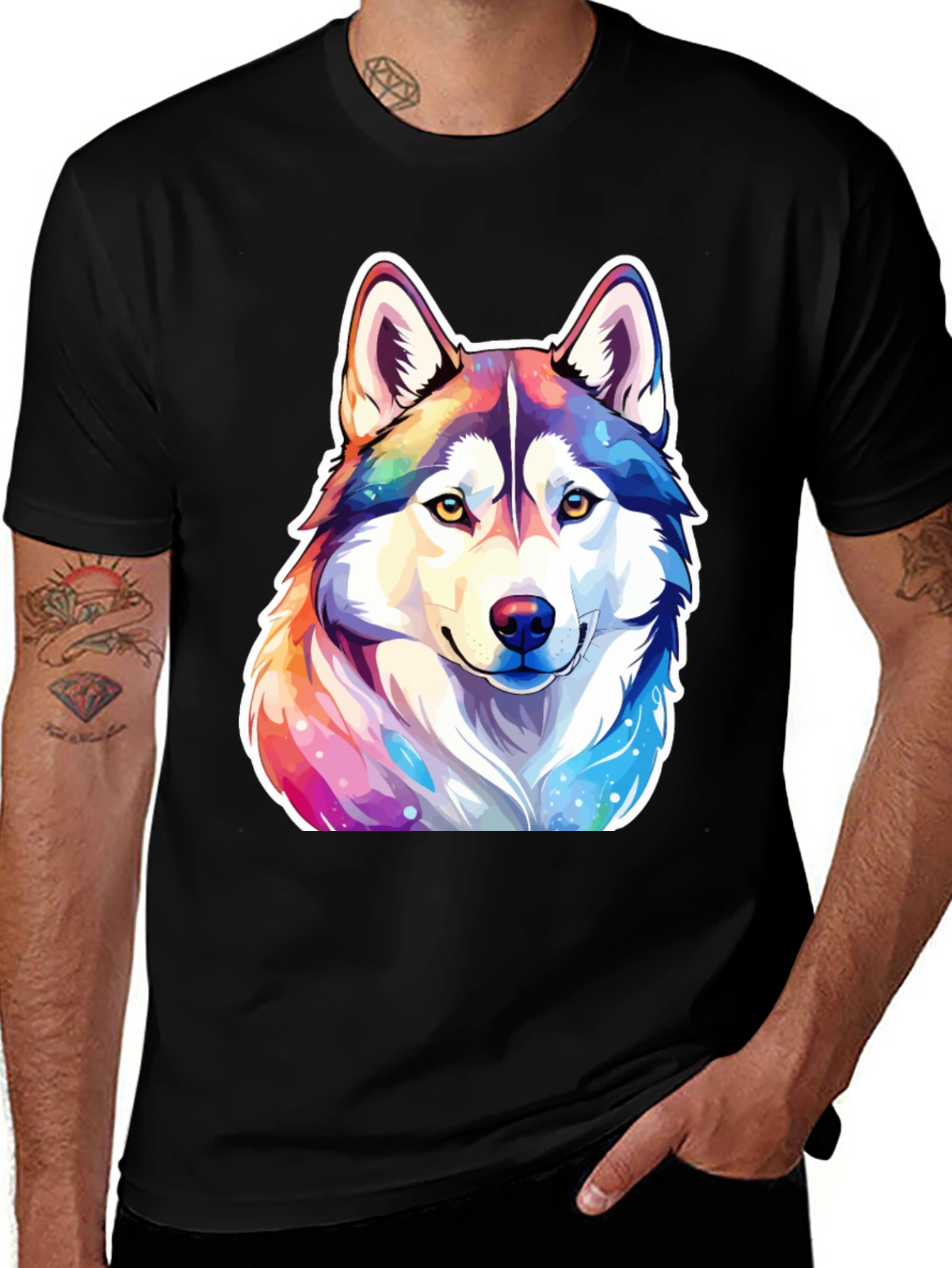 Variant 9 of Colorful Husky Graphic Tee - Men's Black T-Shirt