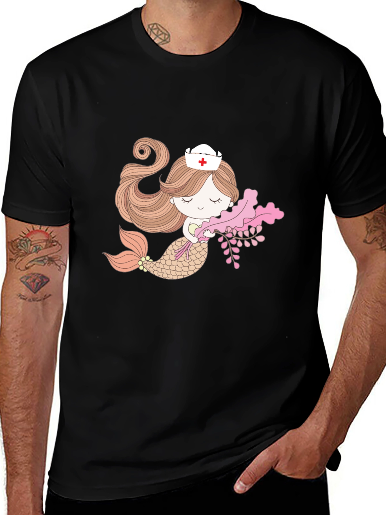 Variant 4 of Mermaid Nurse Graphic Tee - Black Cotton T-Shirt