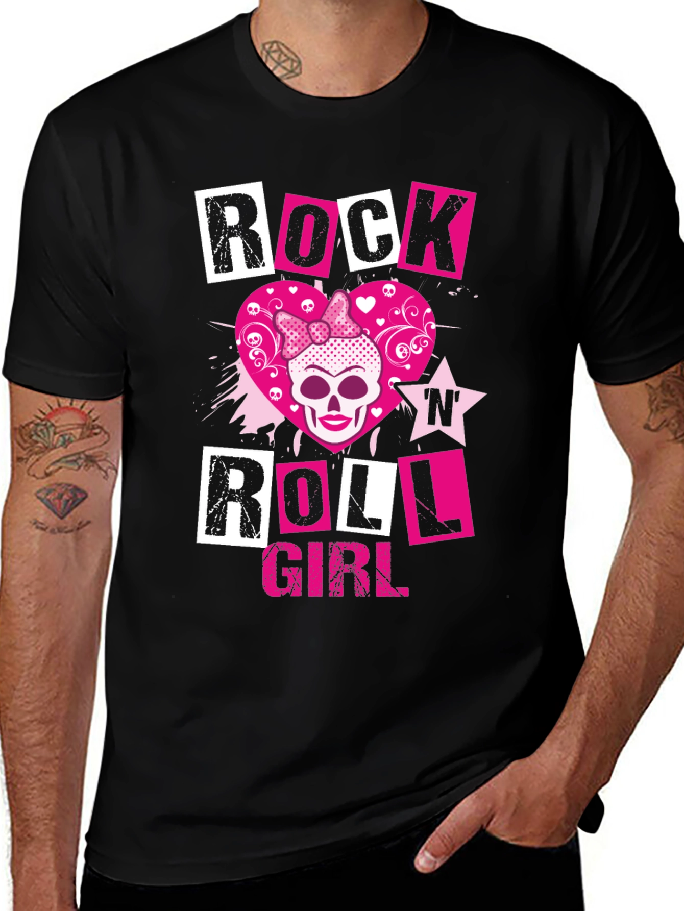 Rock N Roll Girl Skull Graphic Black T-Shirt