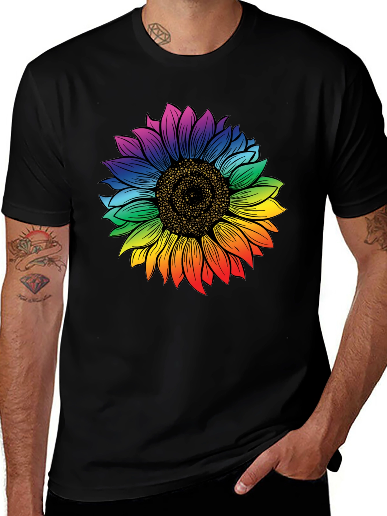 Variant 6 of Rainbow Sunflower Graphic Tee - Black