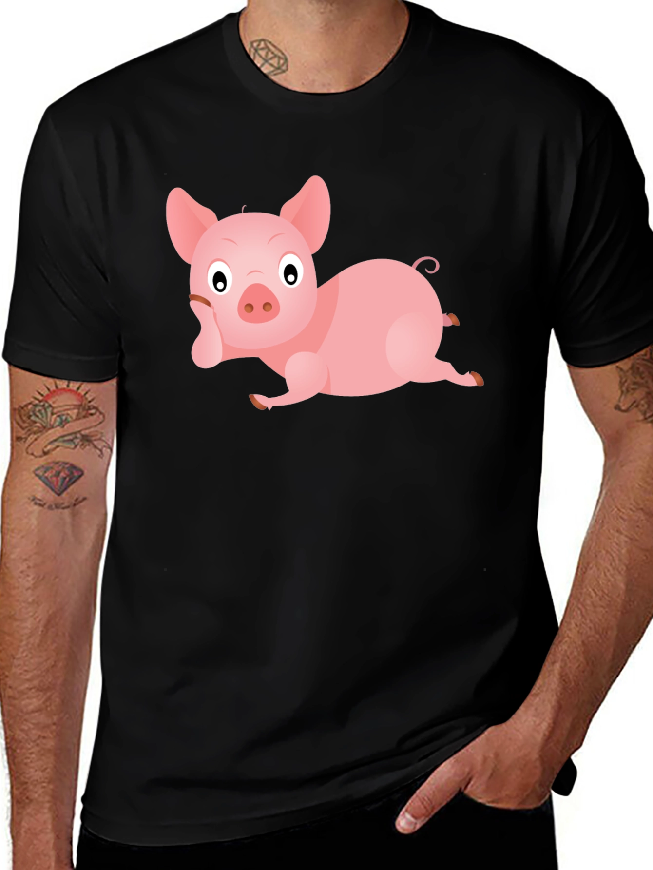 Variant 30 of Cute Pig Graphic Tee - Black Cotton T-Shirt