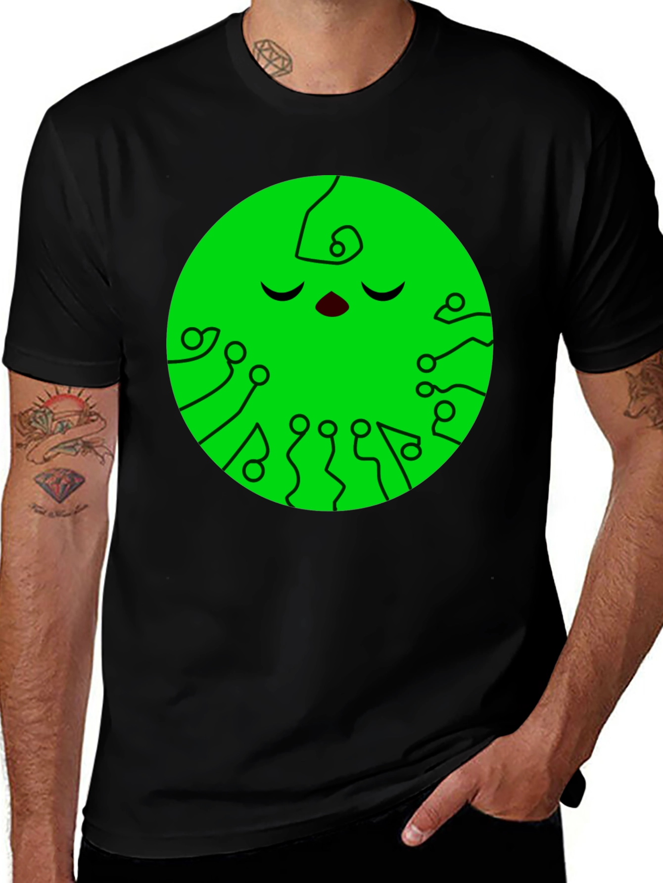 Green Circuit Face Black T-Shirt