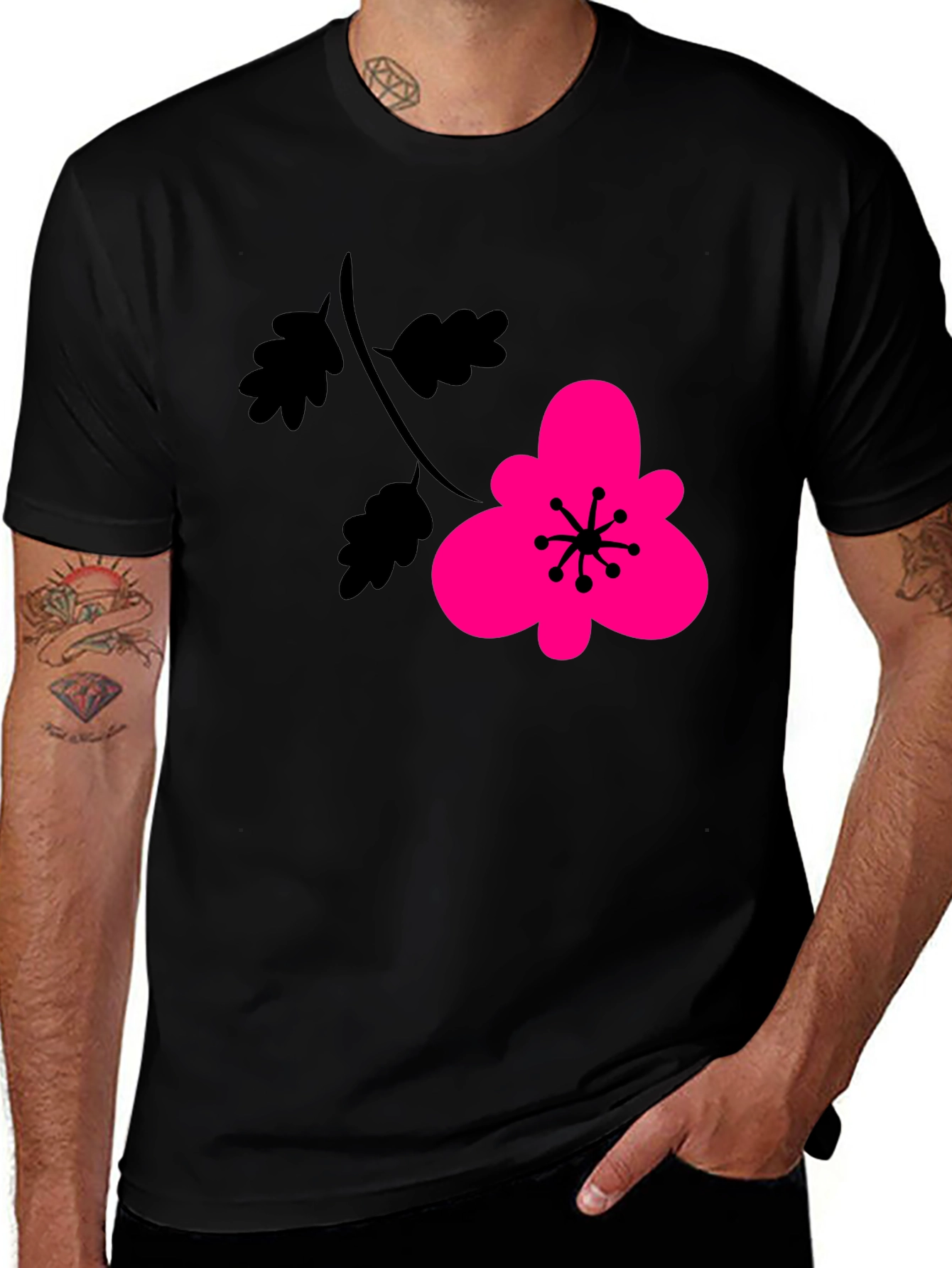Black T-Shirt with Pink Flower Graphic
