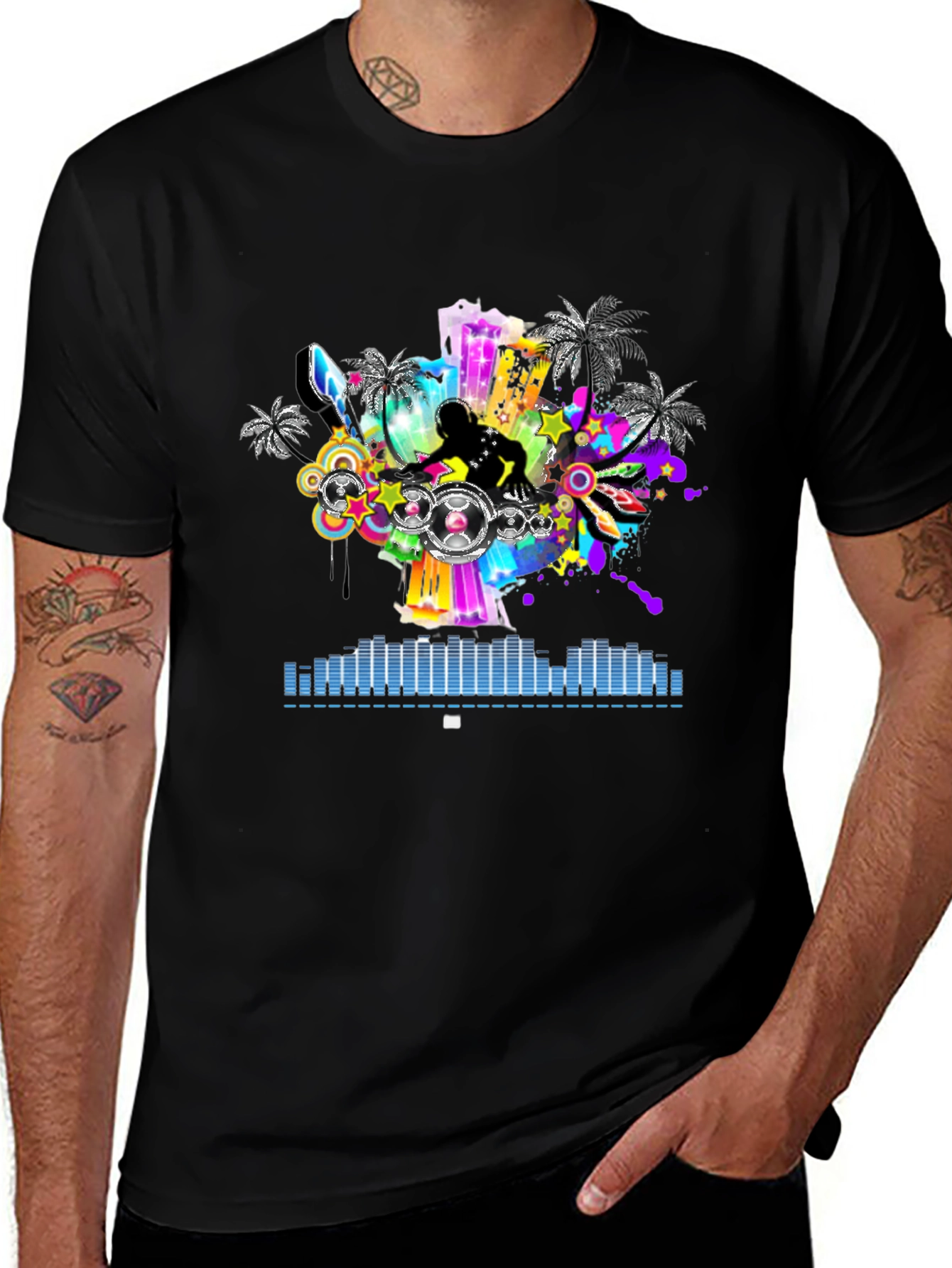 Variant 25 of DJ Graphic Tee - Palm Trees & Sound Wave Design - Black