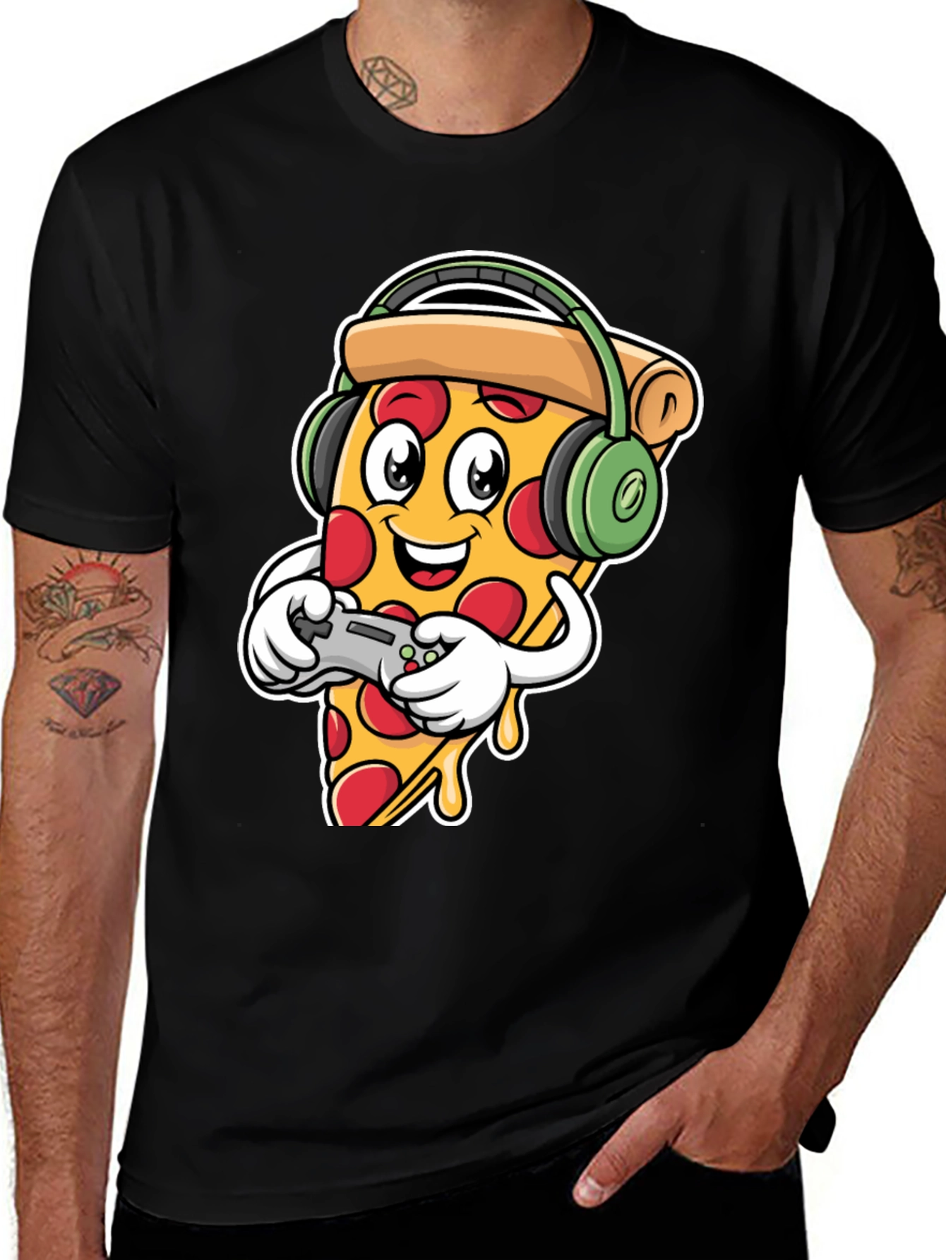 Variant 23 of Pizza Gamer Black T-Shirt - Cartoon Food Gaming Tee