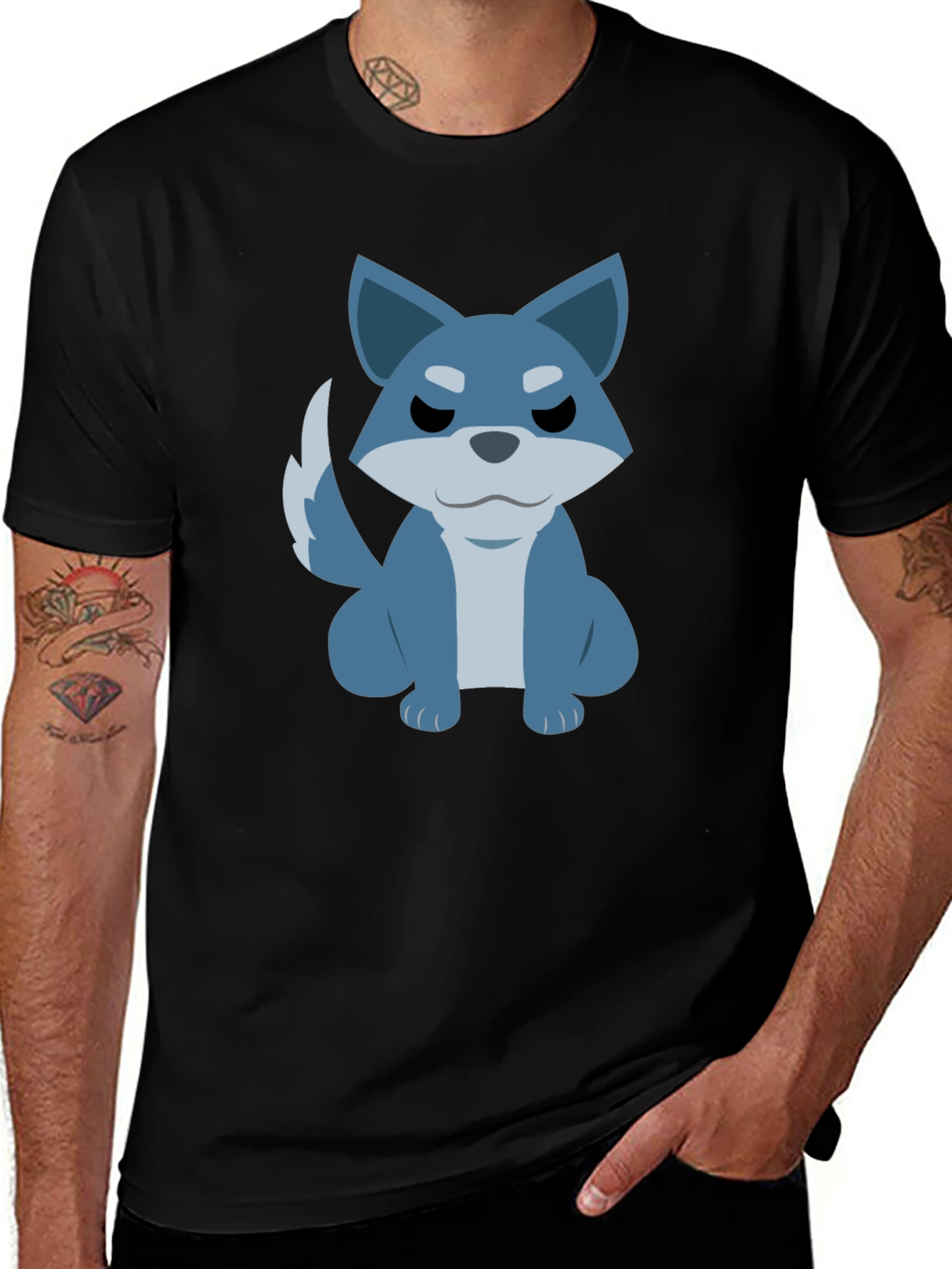 Variant 20 of Cartoon Wolf Graphic Tee - Casual Black T-Shirt