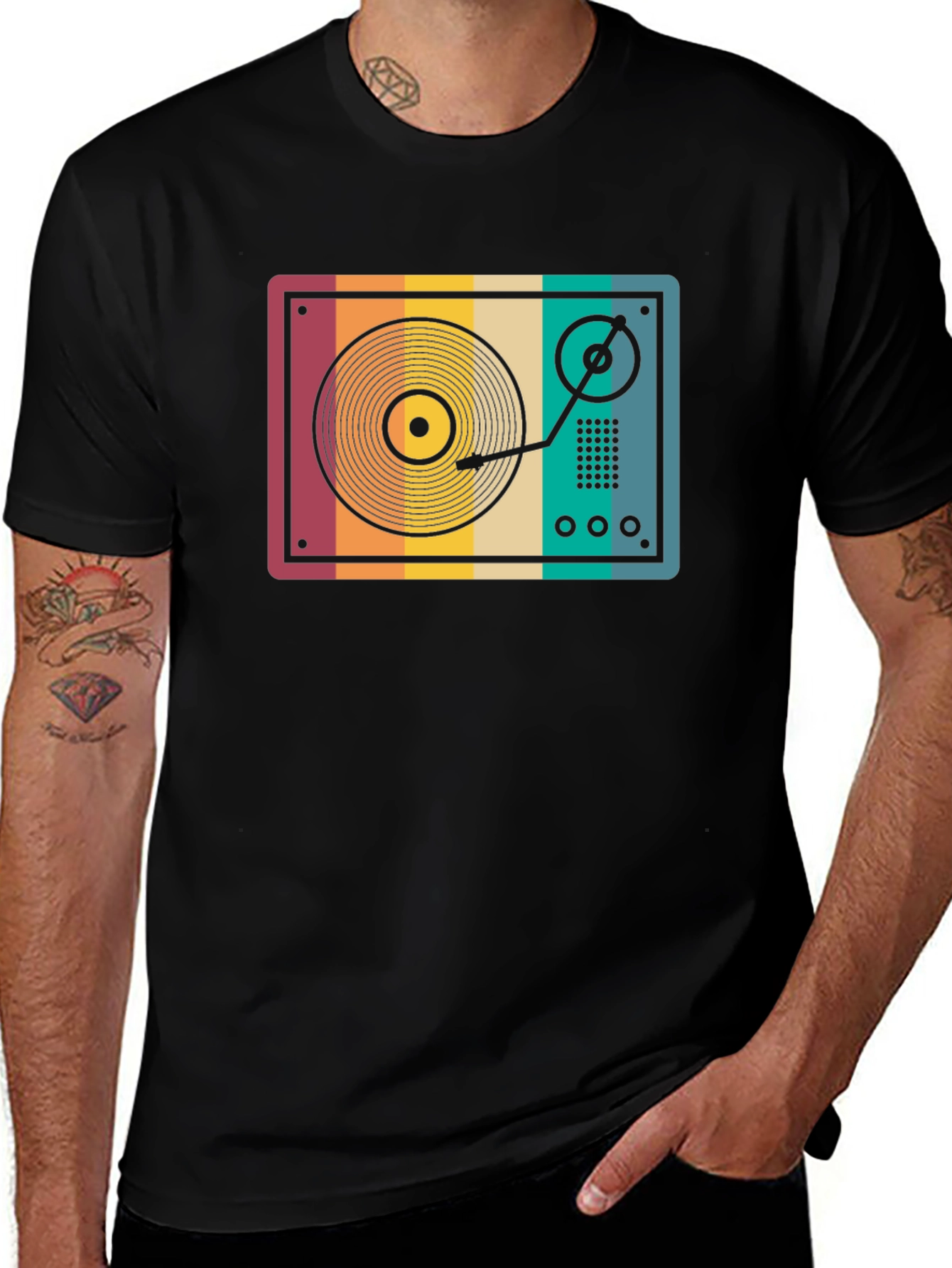 Black Retro Vinyl Record Player Graphic T-Shirt main image