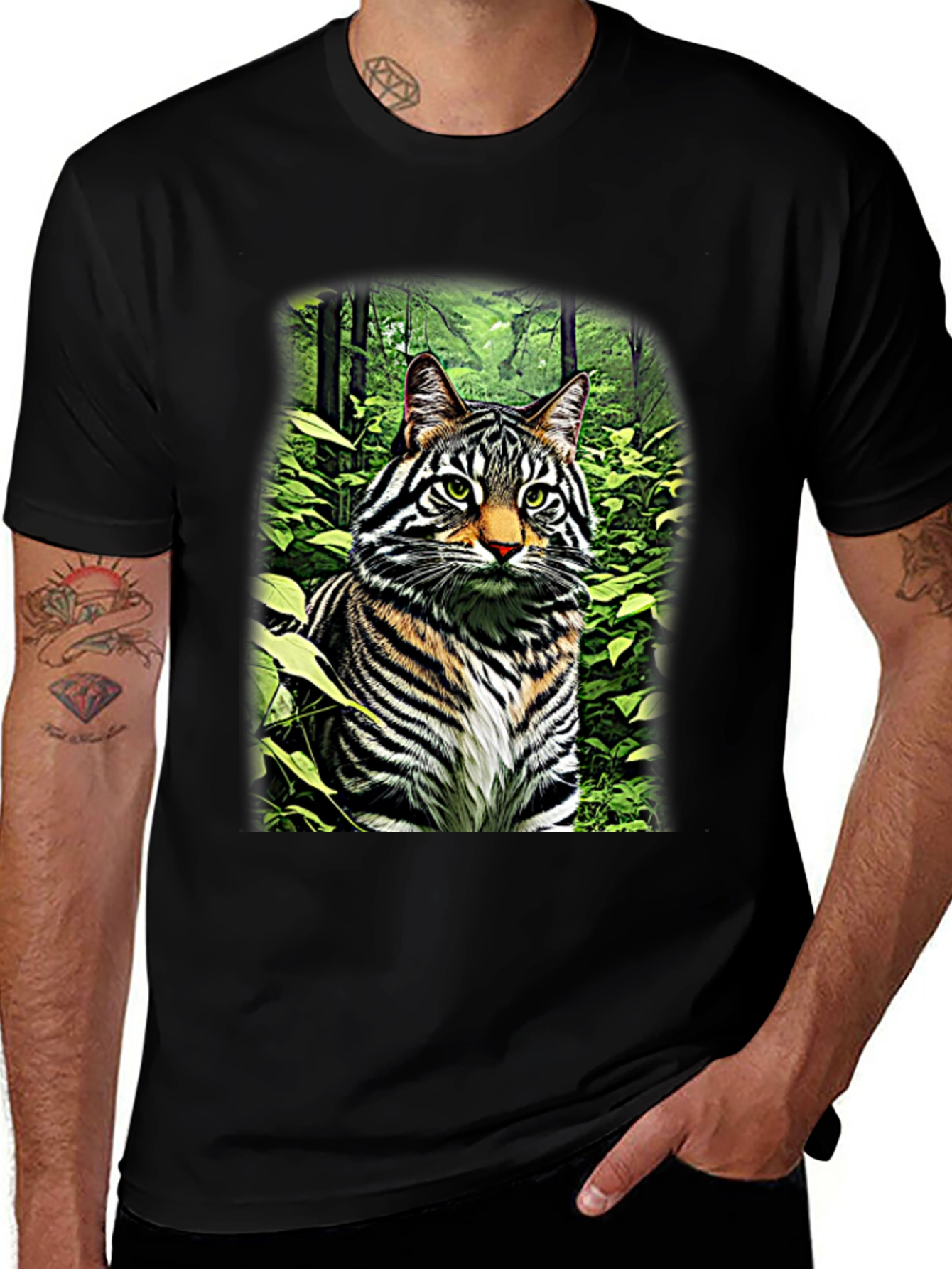Variant 27 of Striking Cat in Forest T-Shirt - Unique Design!