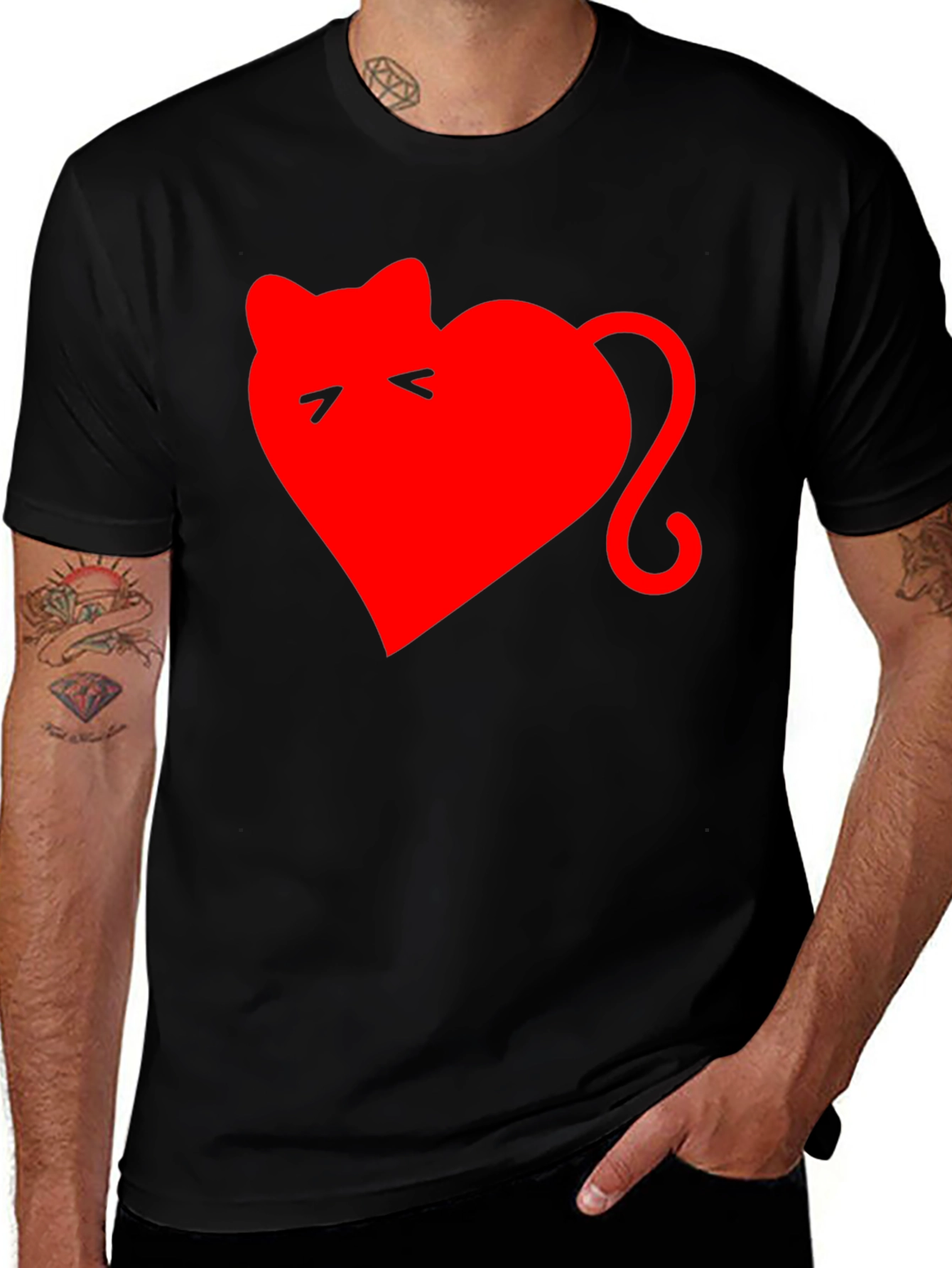 Variant 30 of Heart Cat Graphic Tee - Black Cotton Blend Casual T-Shirt