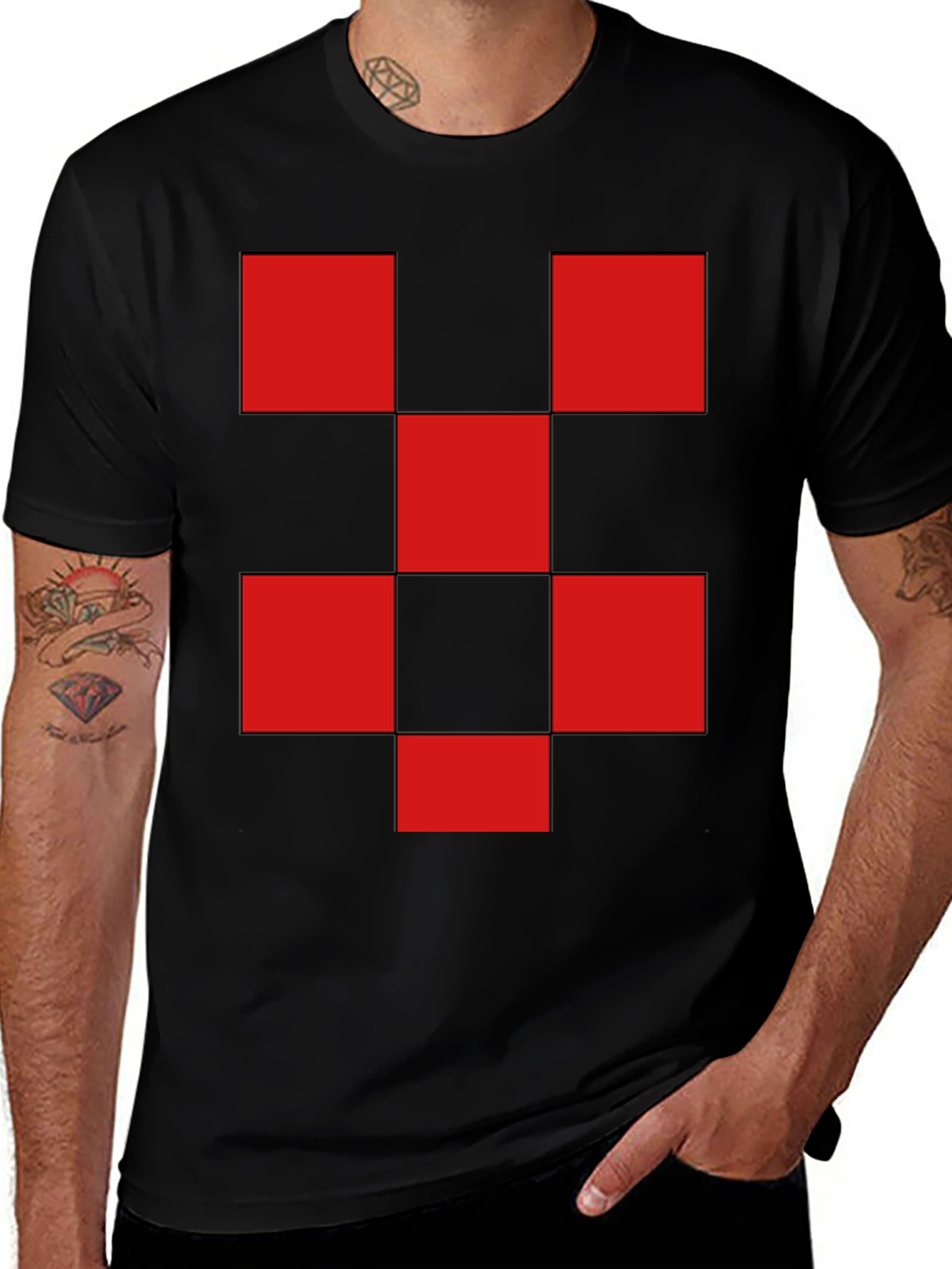 Variant 23 of Red Checkered Graphic Print Black T-Shirt
