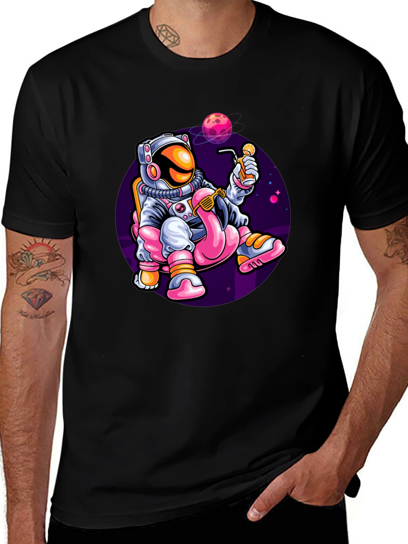 Variant 17 of Astronaut Sipping Juice on Flamingo T-Shirt