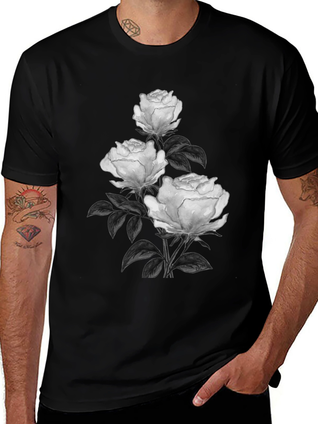 Variant 3 of Elegant Rose Print Black T-Shirt