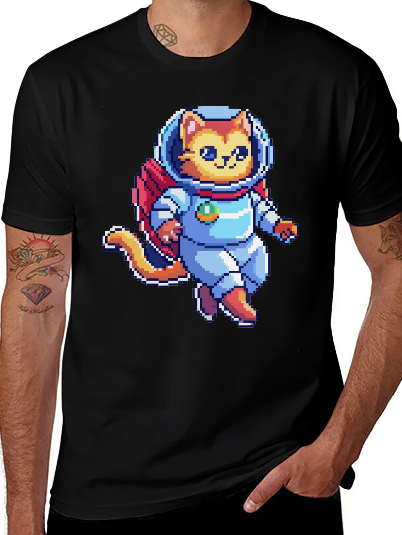 Variant 8 of Pixel Cat Astronaut T-Shirt - Black Cotton Tee