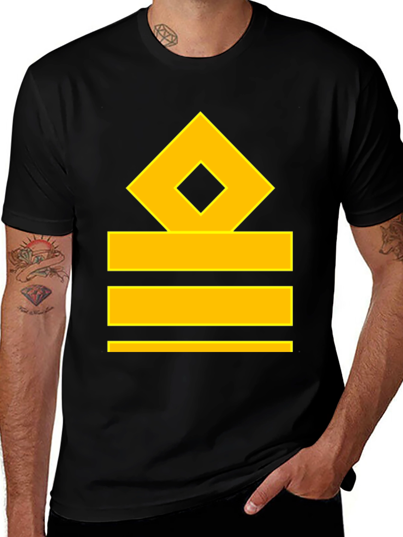 Variant 26 of Nautical Rank T-Shirt - Black Cotton Tee with Gold Bars