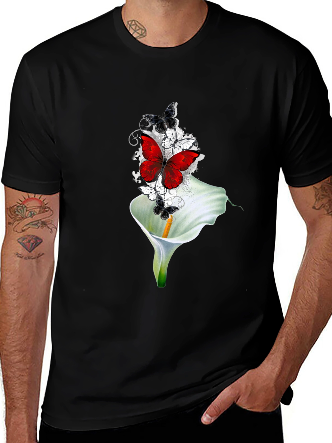 Butterfly & Lily Graphic T-Shirt - Black