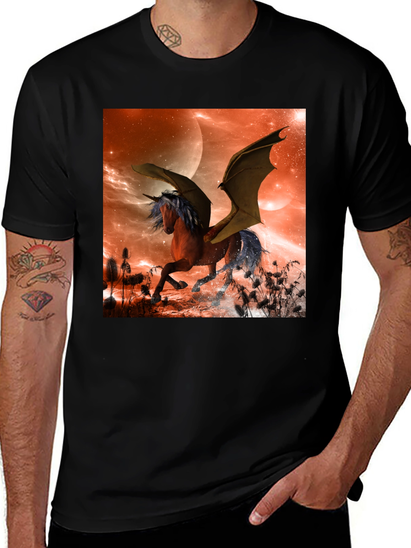 Fantasy Unicorn Bat Wing Graphic T-Shirt