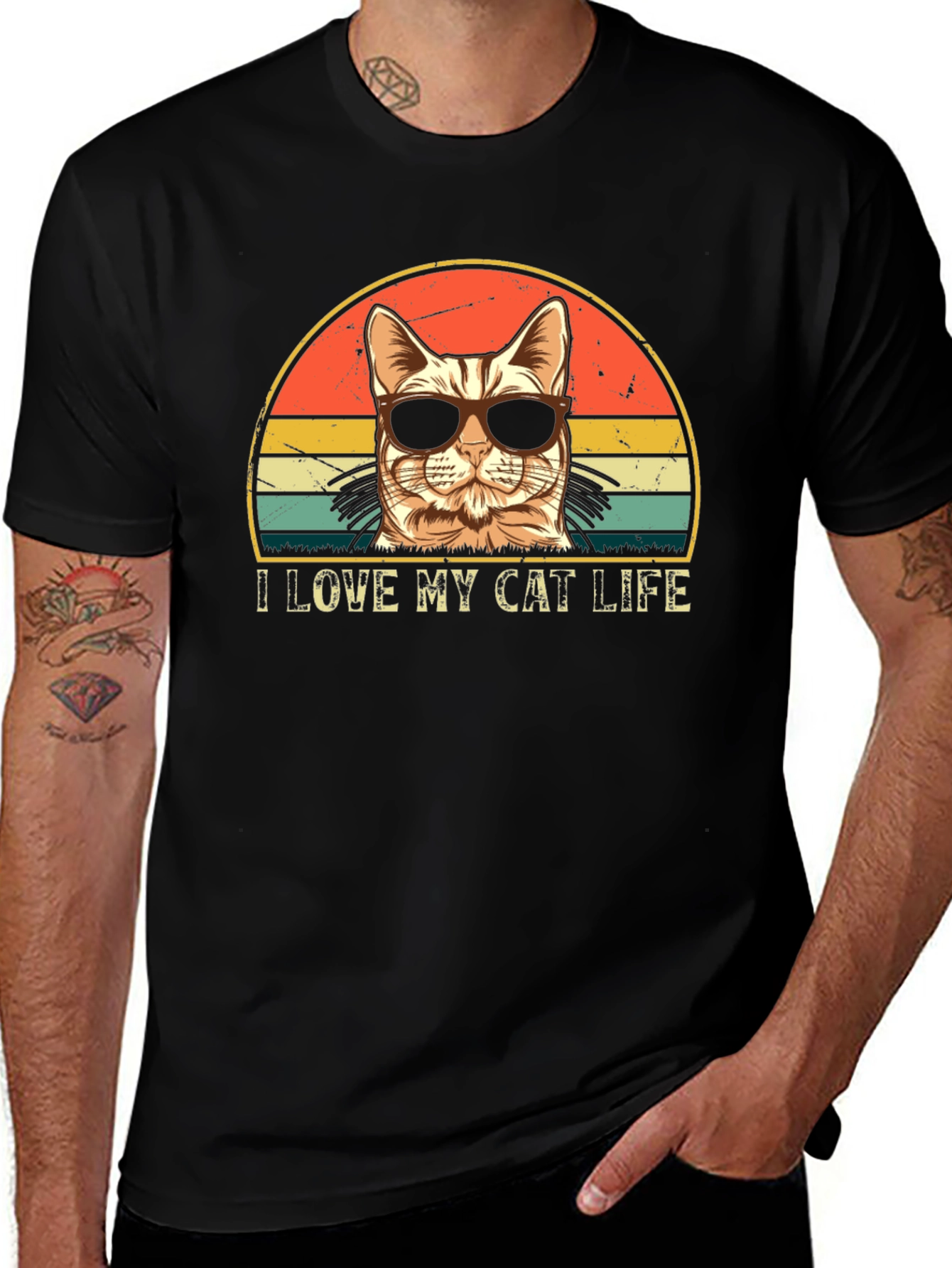 Black I Love My Cat Life Retro T-Shirt main image