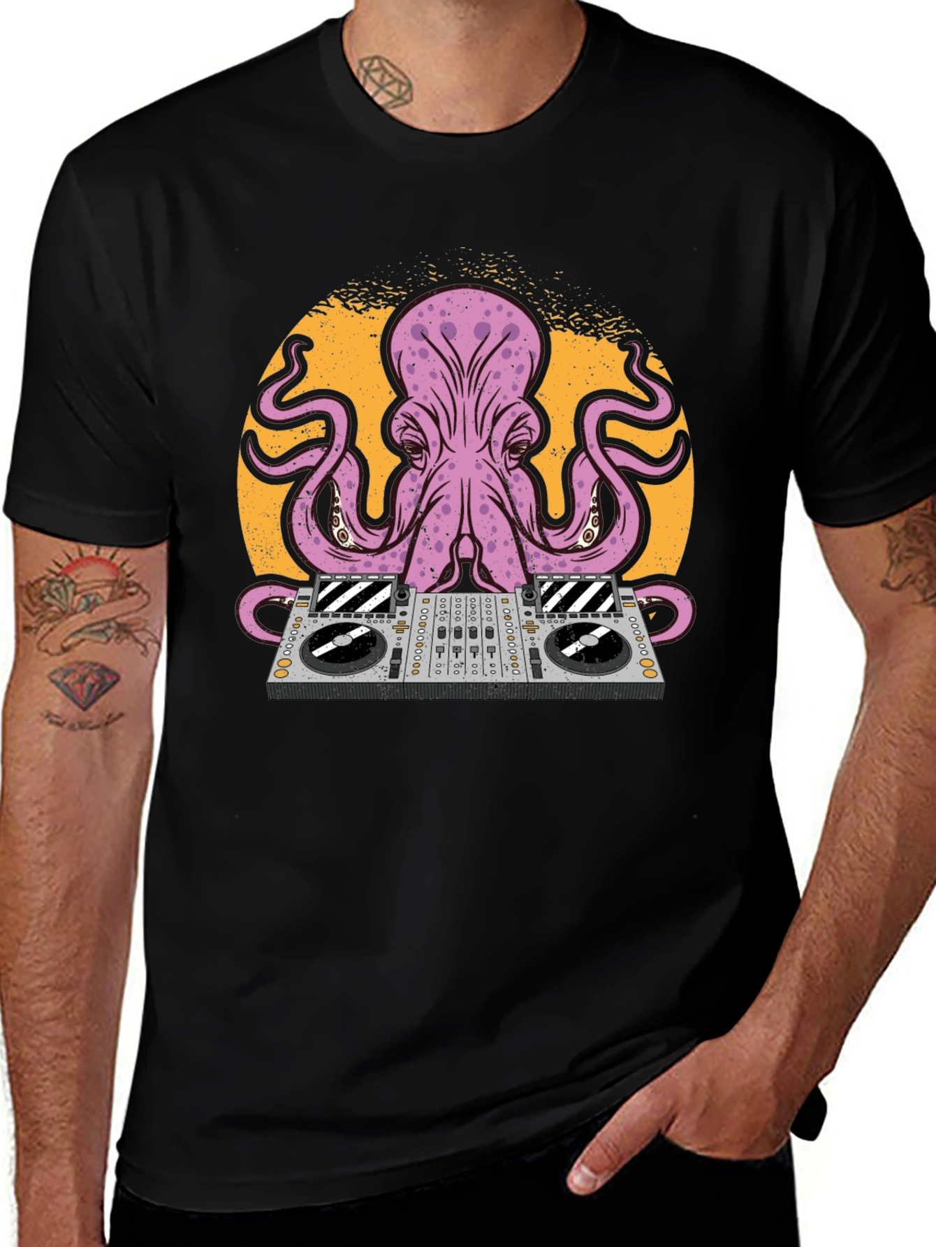 Variant 21 of DJ Octopus Graphic Tee - Black Cotton T-Shirt