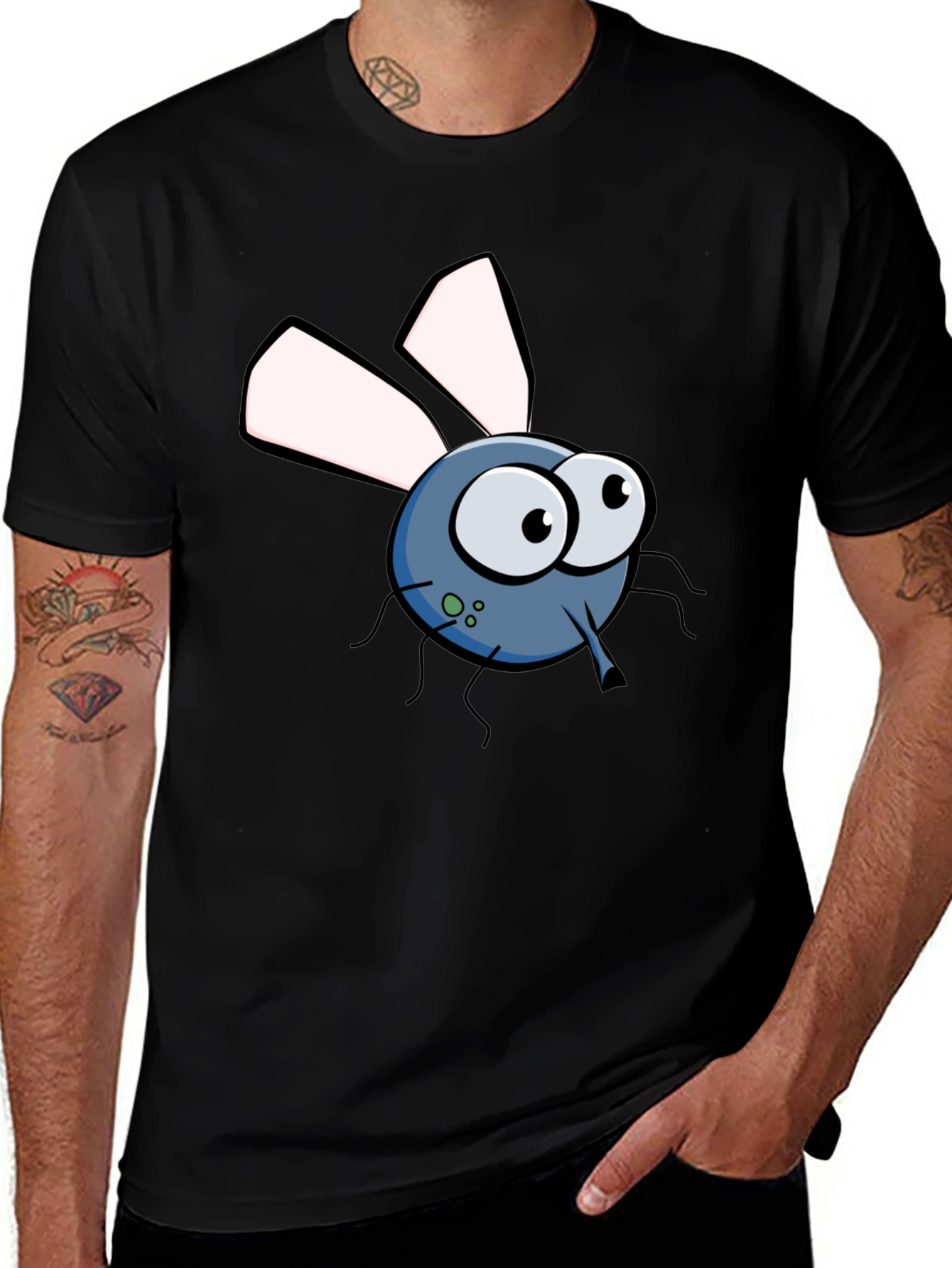 Variant 5 of Cartoon Fly Graphic Tee - Black Cotton T-Shirt