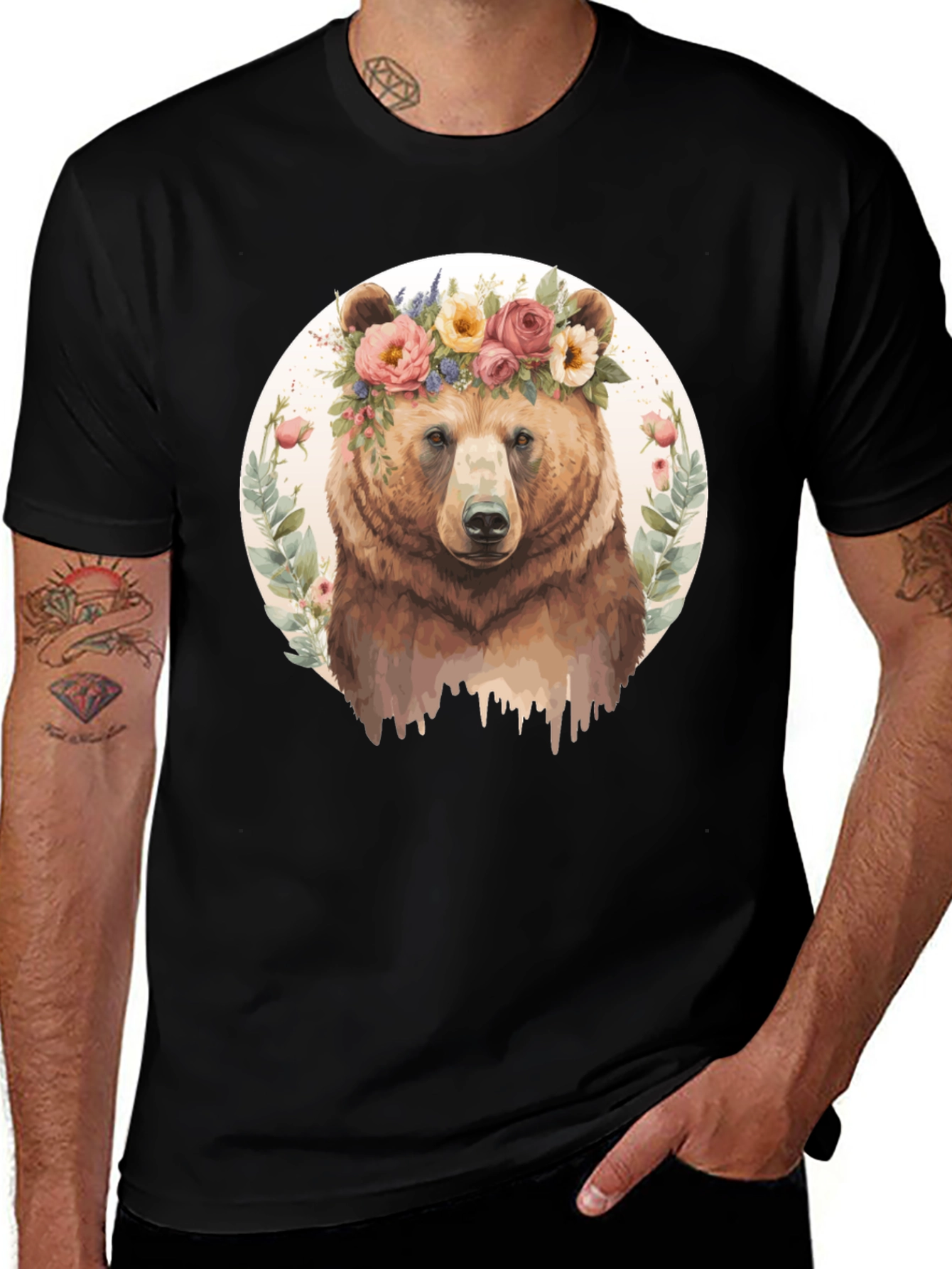 Variant 11 of Floral Bear Graphic Tee - Men's Black T-Shirt