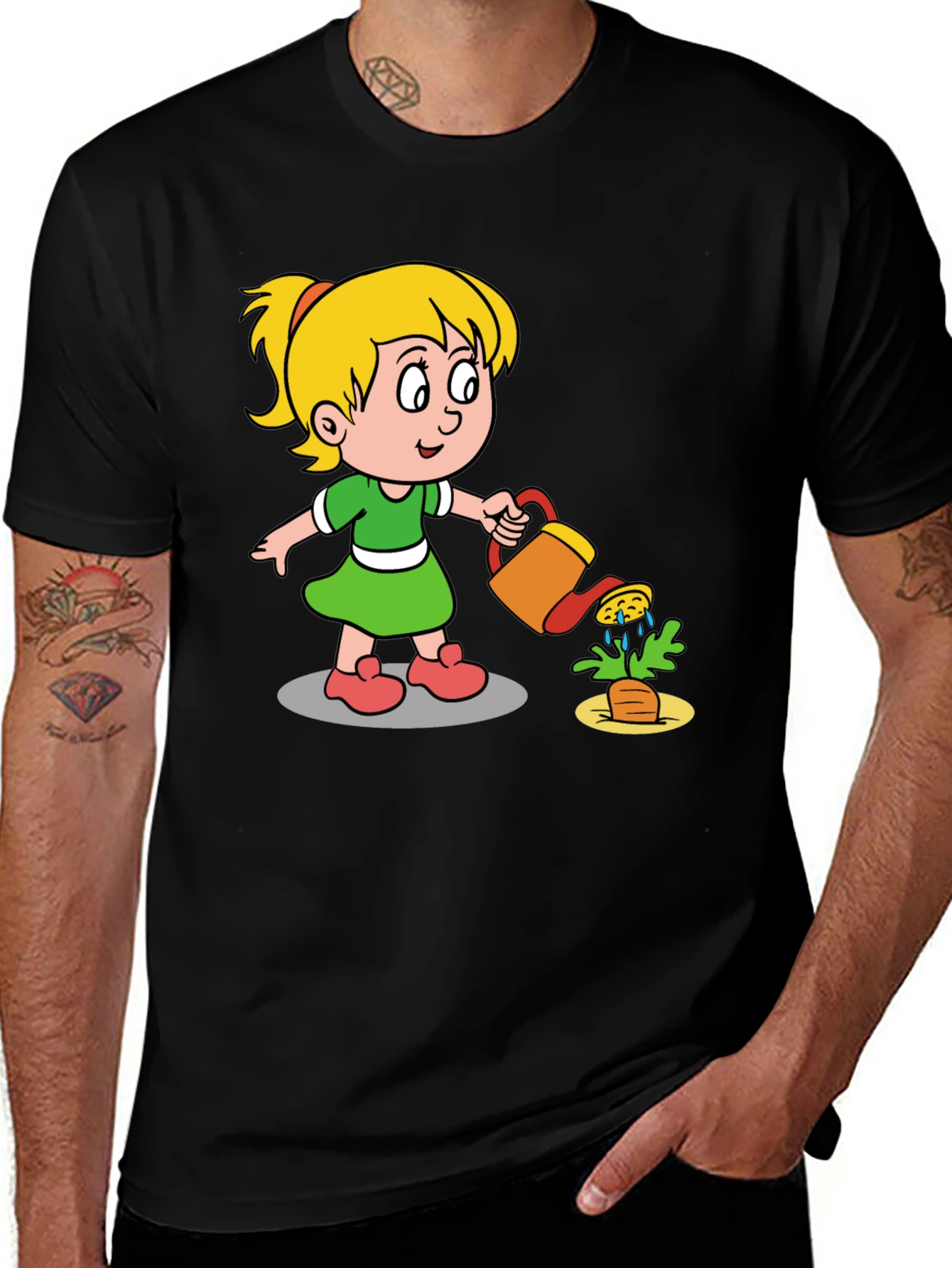Black Cartoon Girl Gardening T-Shirt main image