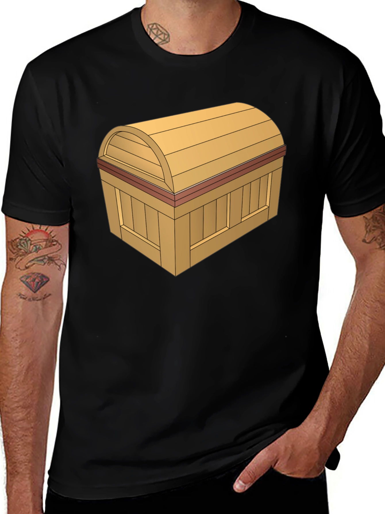 Variant 8 of Cartoon Treasure Chest Graphic Tee - Black Cotton T-Shirt