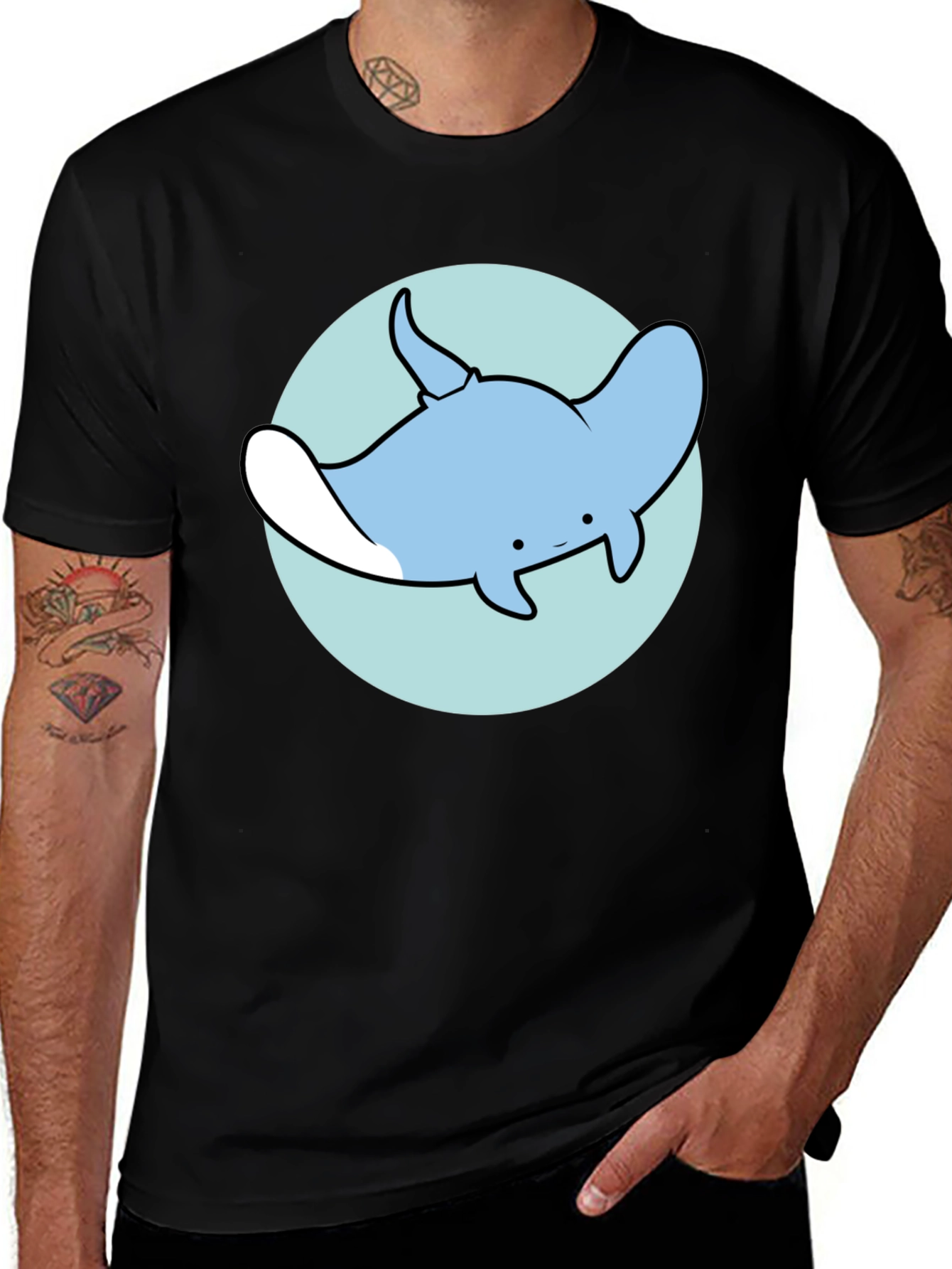 Variant 22 of Cartoon Manta Ray Graphic Tee - Casual Black T-Shirt