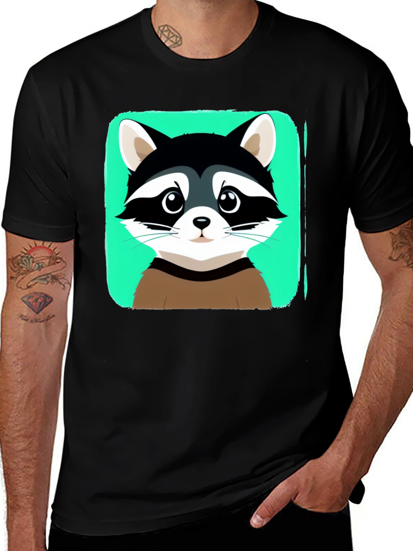 Cute Raccoon Graphic Print Black T-Shirt