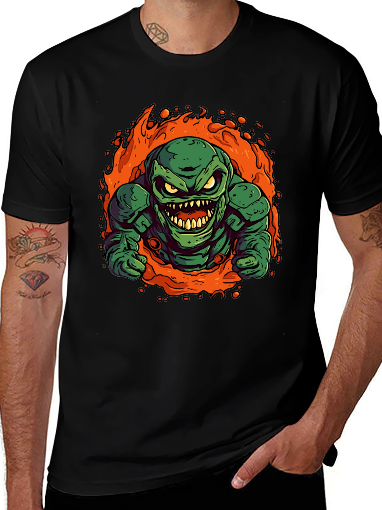 Variant 15 of Fiery Green Monster Graphic Tee - Black