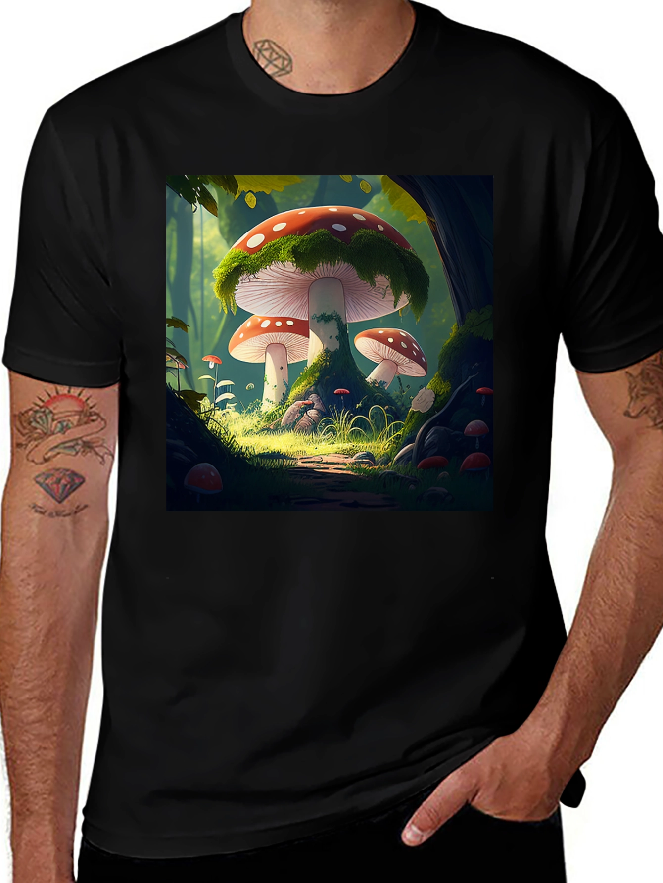 Mushroom Forest Graphic Print Black T-Shirt
