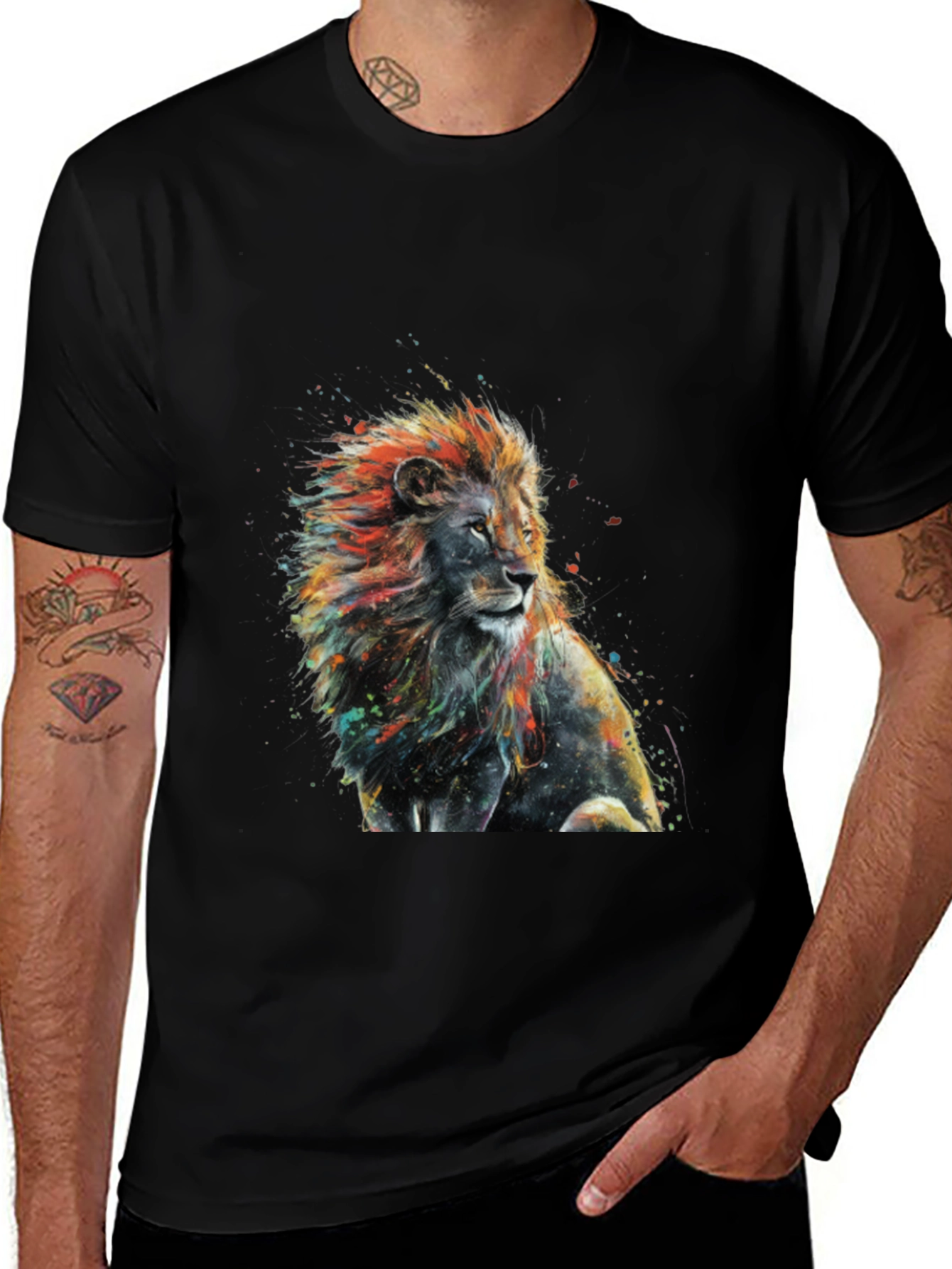 Variant 15 of Watercolor Lion Graphic Black T-Shirt