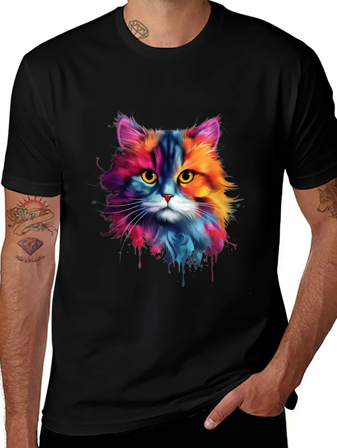 Variant 17 of Colorful Cat Graphic Black T-Shirt