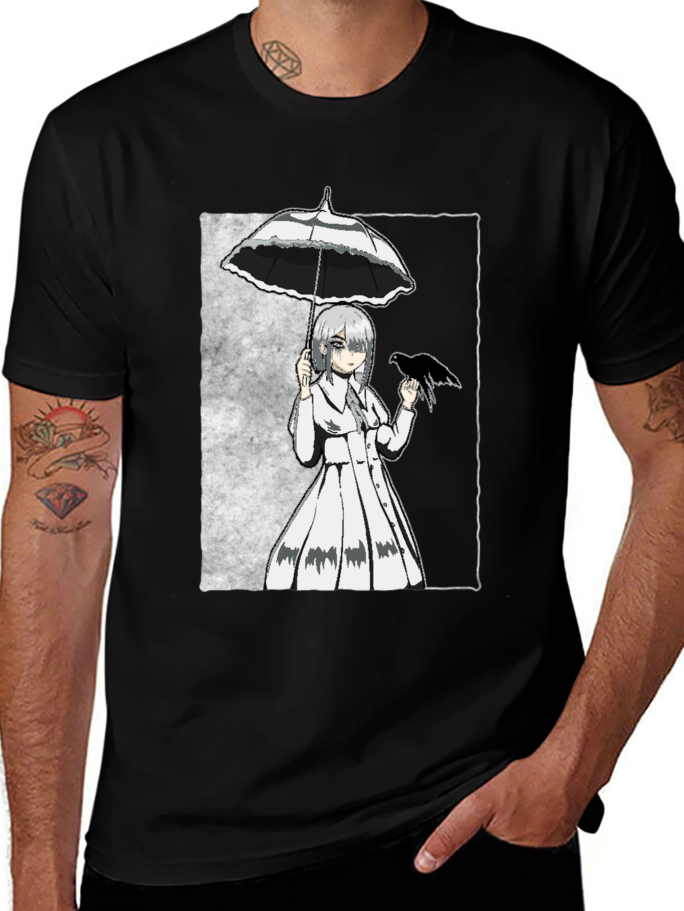 Variant 30 of Anime Girl with Umbrella & Crow Graphic Tee