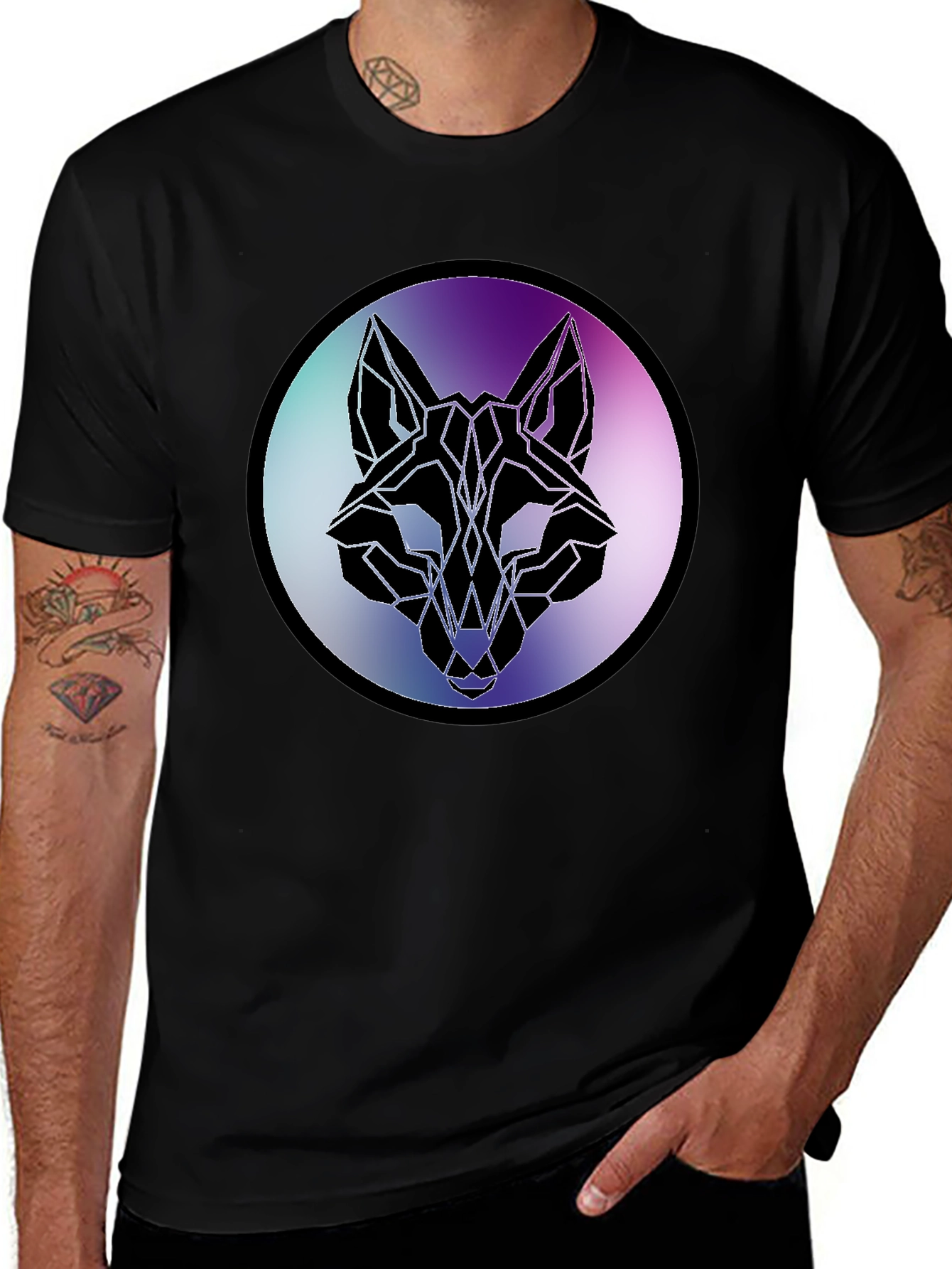 Variant 28 of Geometric Wolf Head Graphic Tee - Black