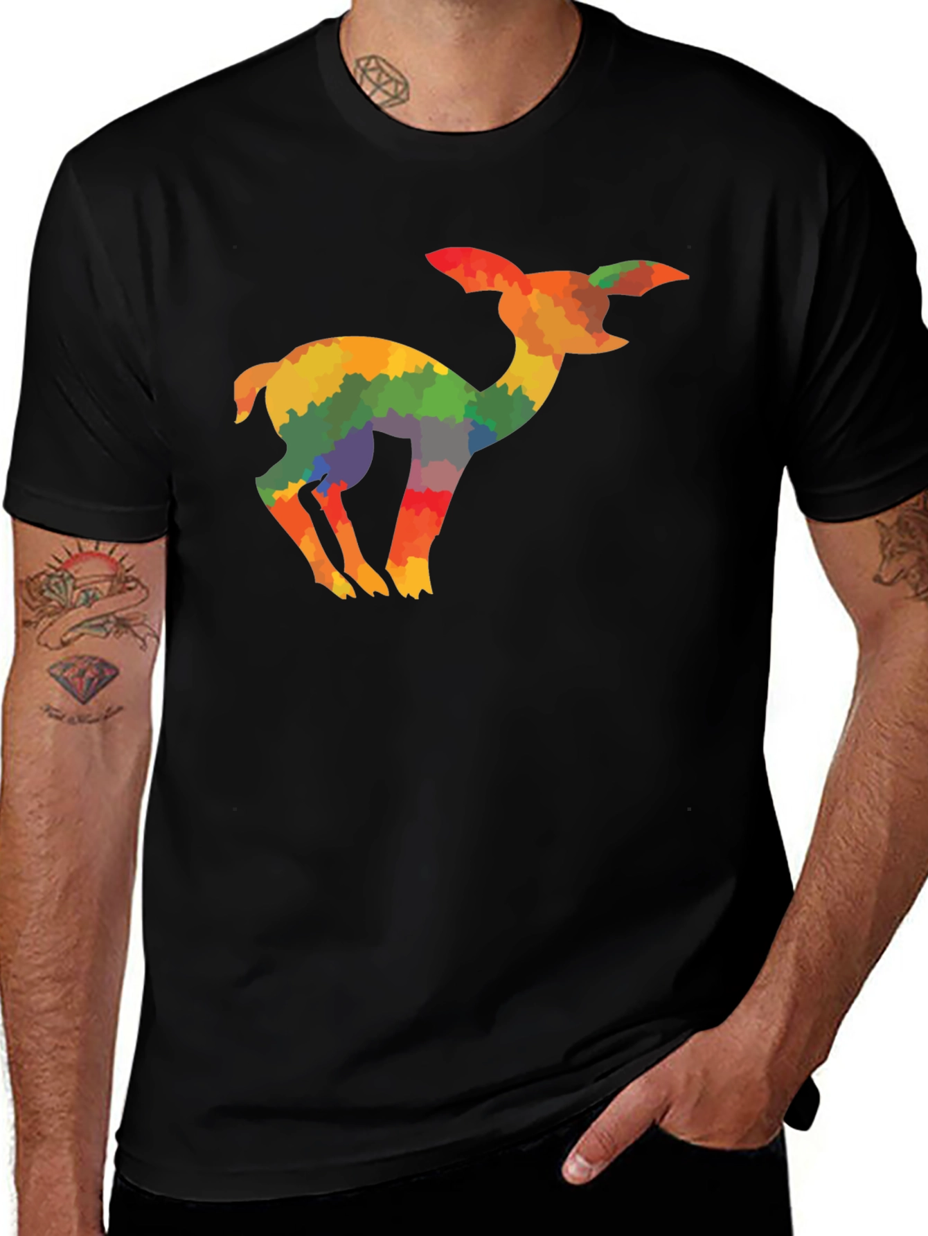 Variant 8 of Rainbow Deer Graphic Tee - Men's Black T-Shirt