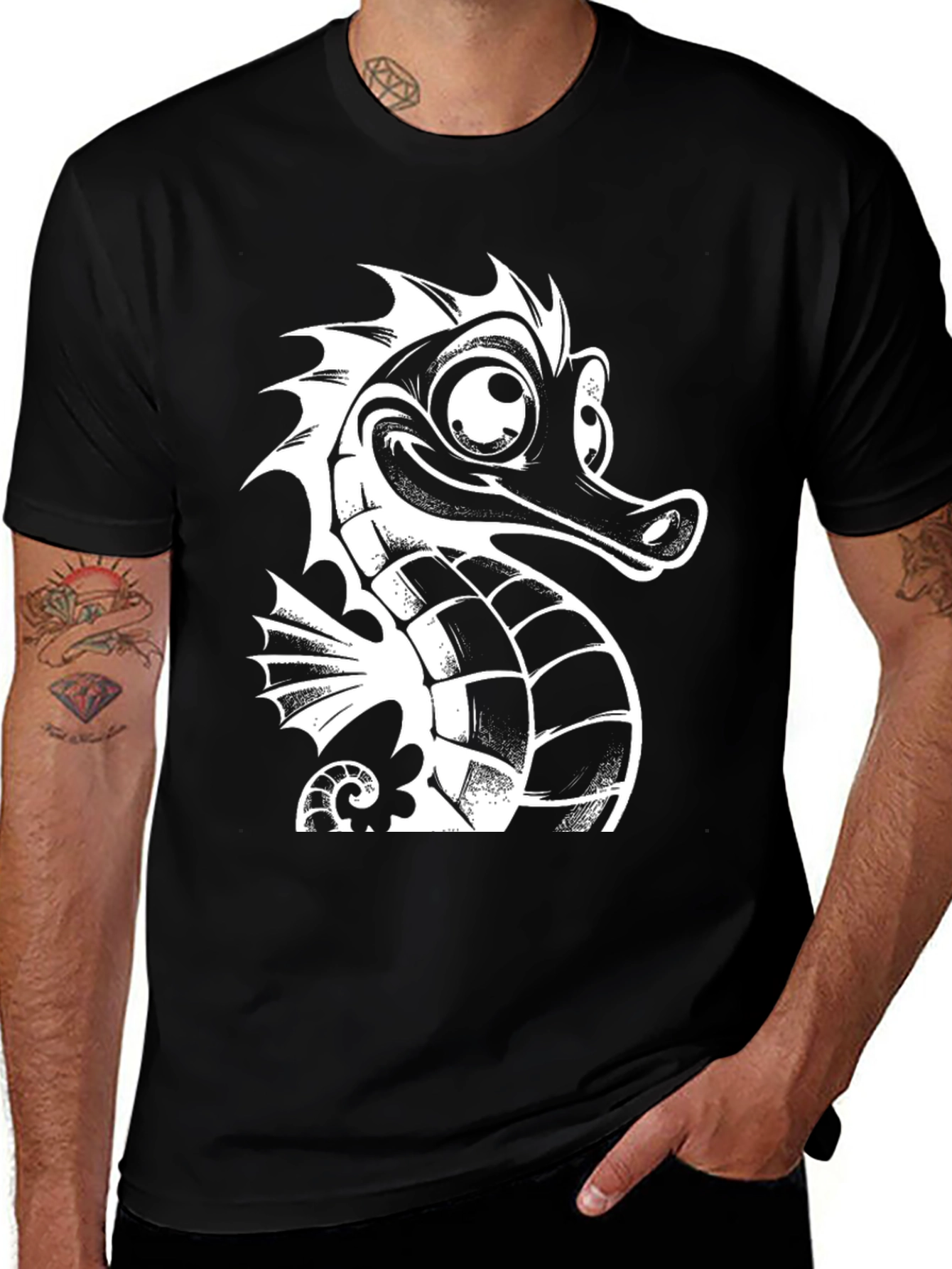 Variant 5 of Funny Seahorse Graphic Tee - Black Cotton T-Shirt