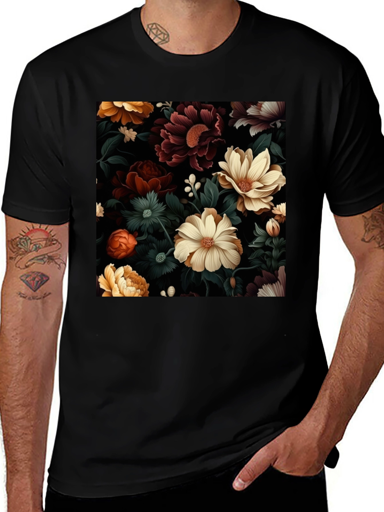 Variant 26 of Floral Print Black T-Shirt for Men