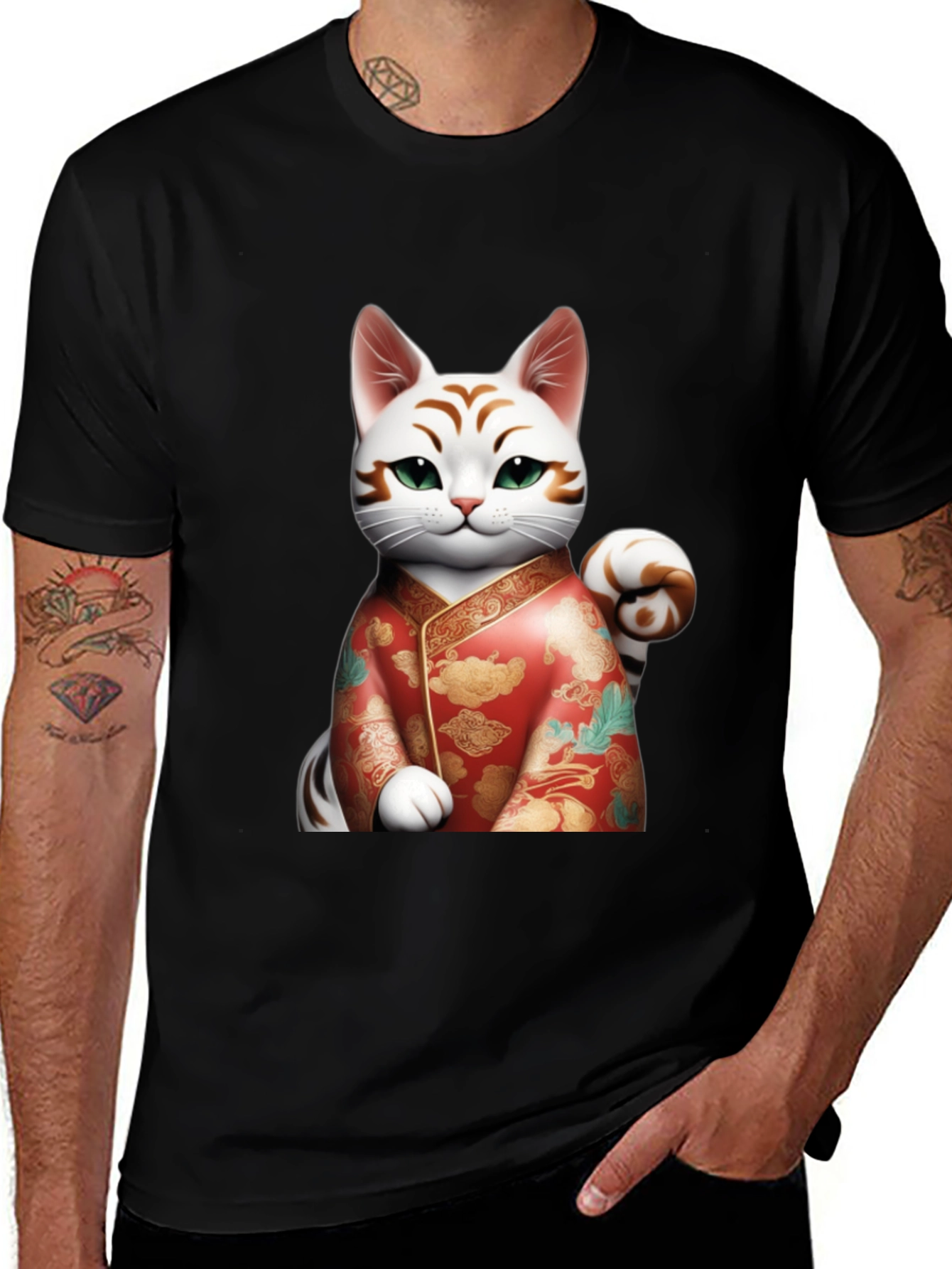Variant 13 of Lucky Cat Graphic Tee - Black Cotton T-Shirt