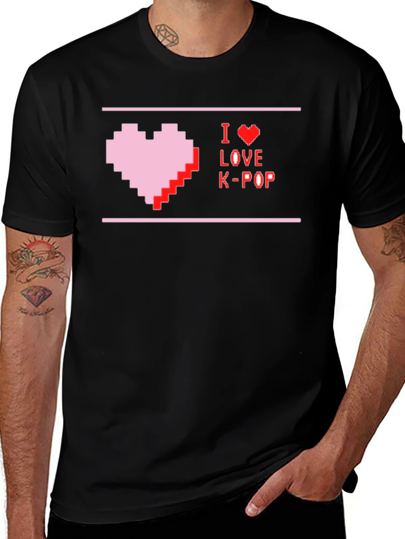 I Love K-Pop Pixel Heart Black T-Shirt