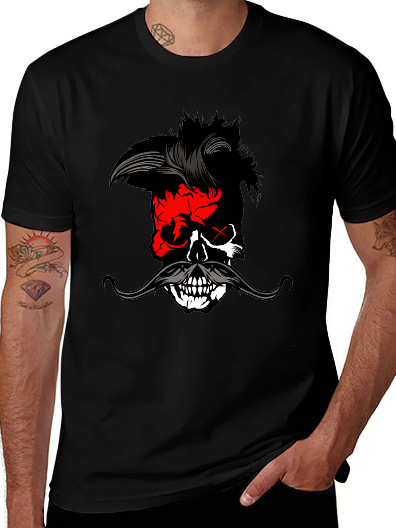 Variant 27 of Skull & Mustache Graphic Tee - Black Cotton