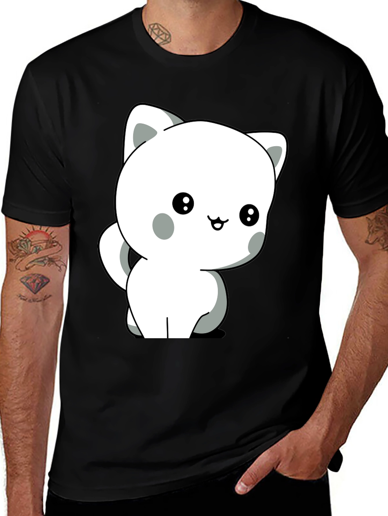 Black Cute Cartoon Cat Graphic Tee - Unisex Soft Cotton T-Shirt main image