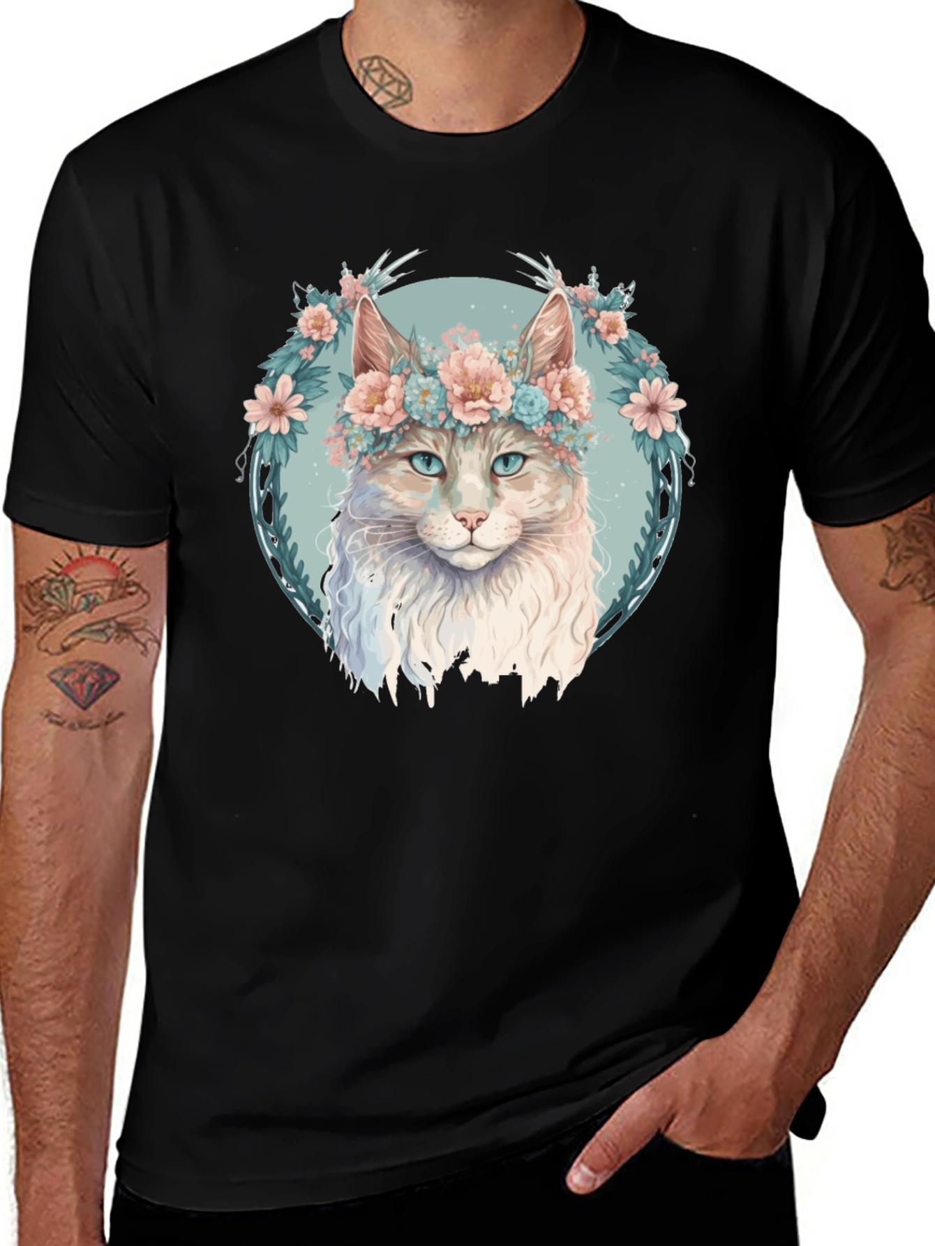 Variant 10 of Floral Cat Graphic Black T-Shirt