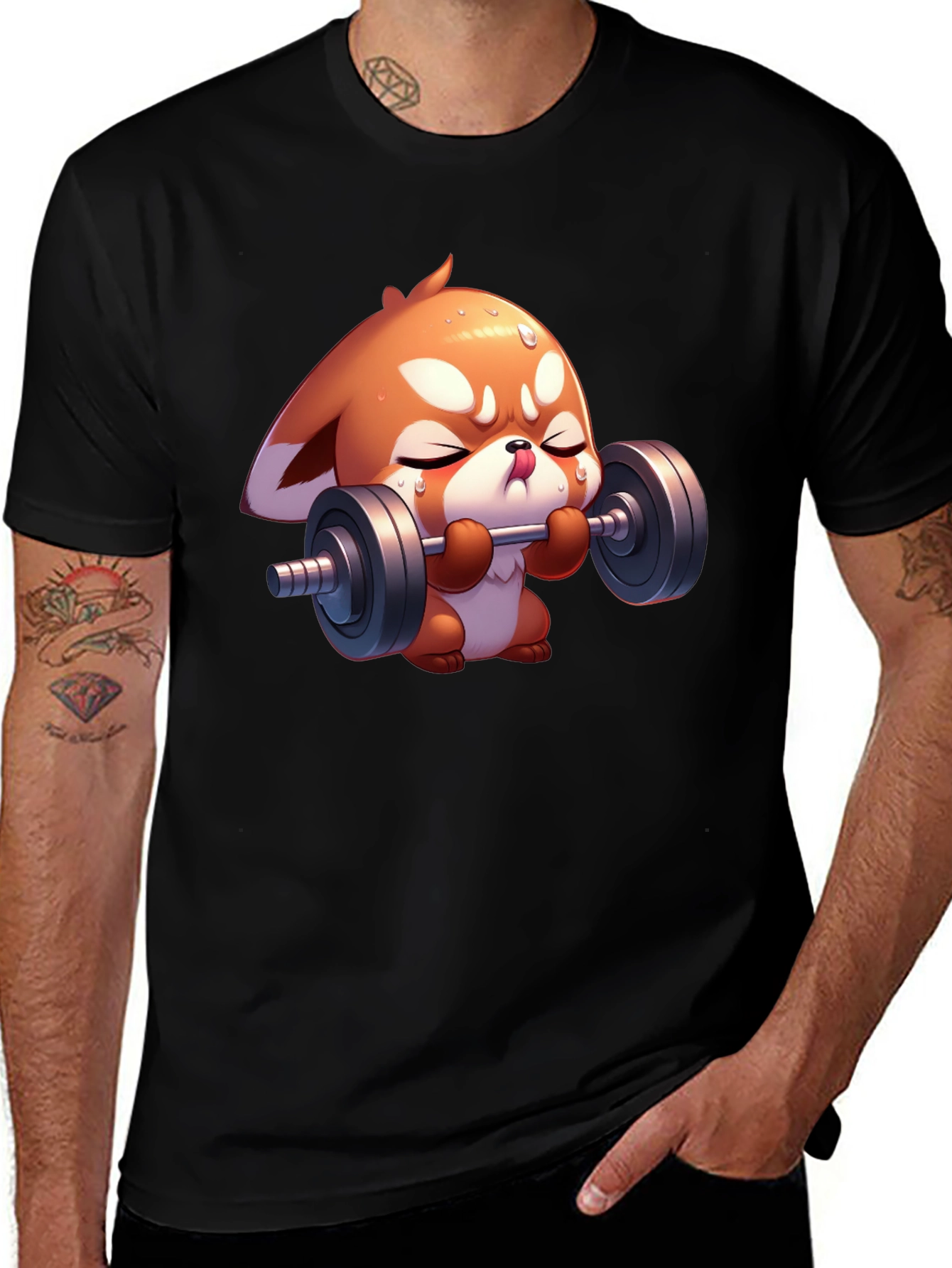 Variant 9 of Cute Red Panda Weightlifting Black T-Shirt