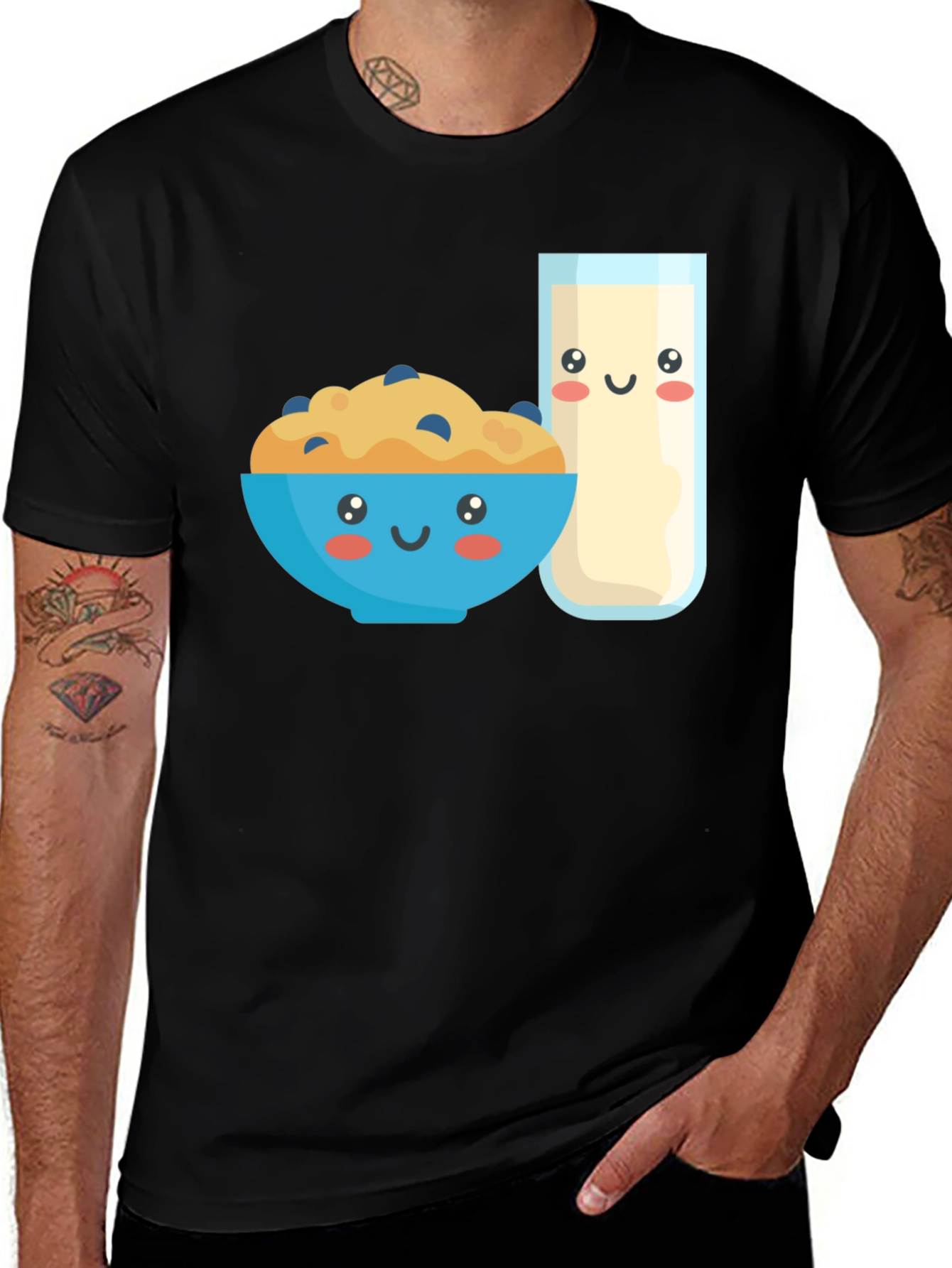 Variant 9 of Cute Cereal & Milk Cartoon Black T-Shirt